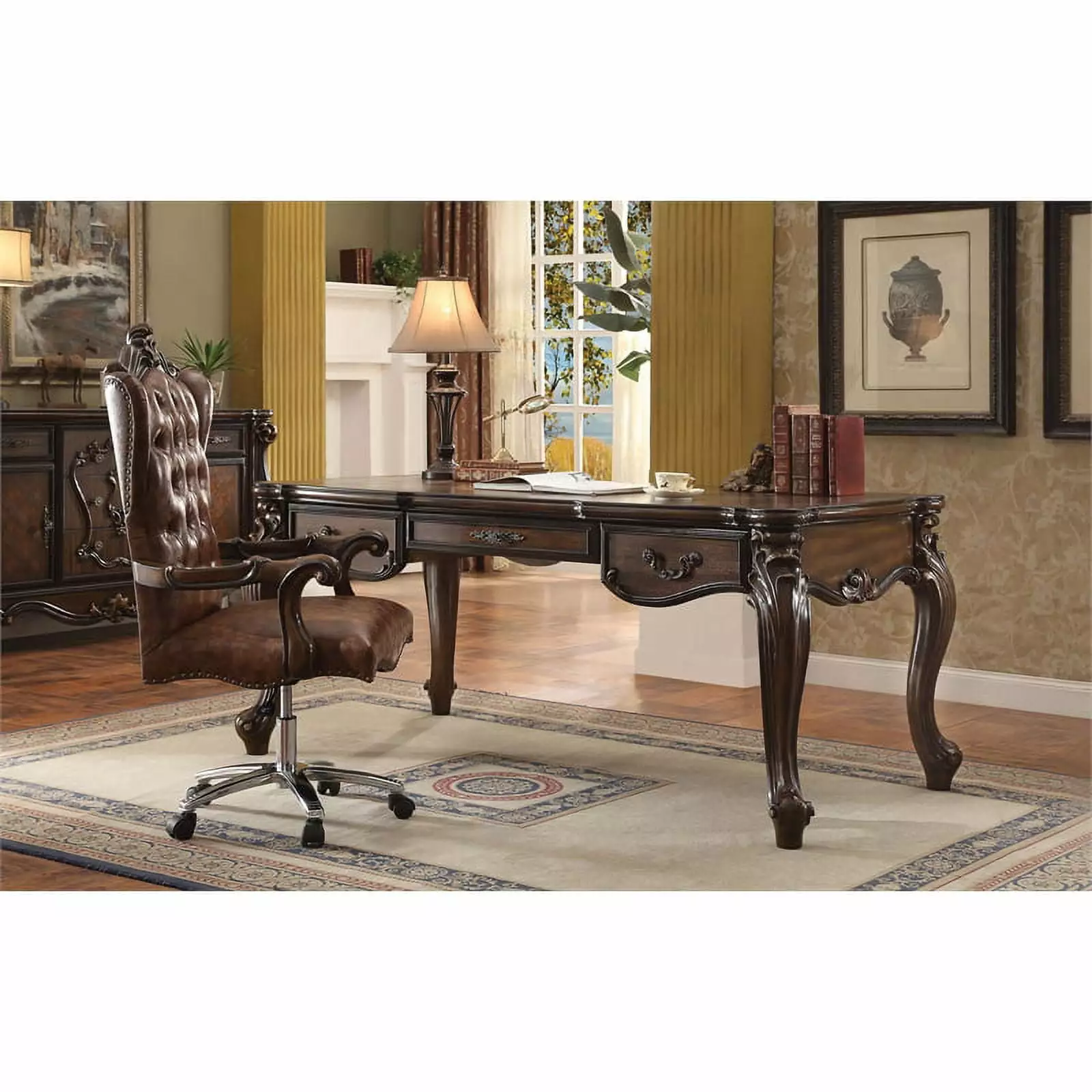 Bowery Hill Traditional Executive Chair 2 Tone Light Brown PU and Cherry Oak Office Chair