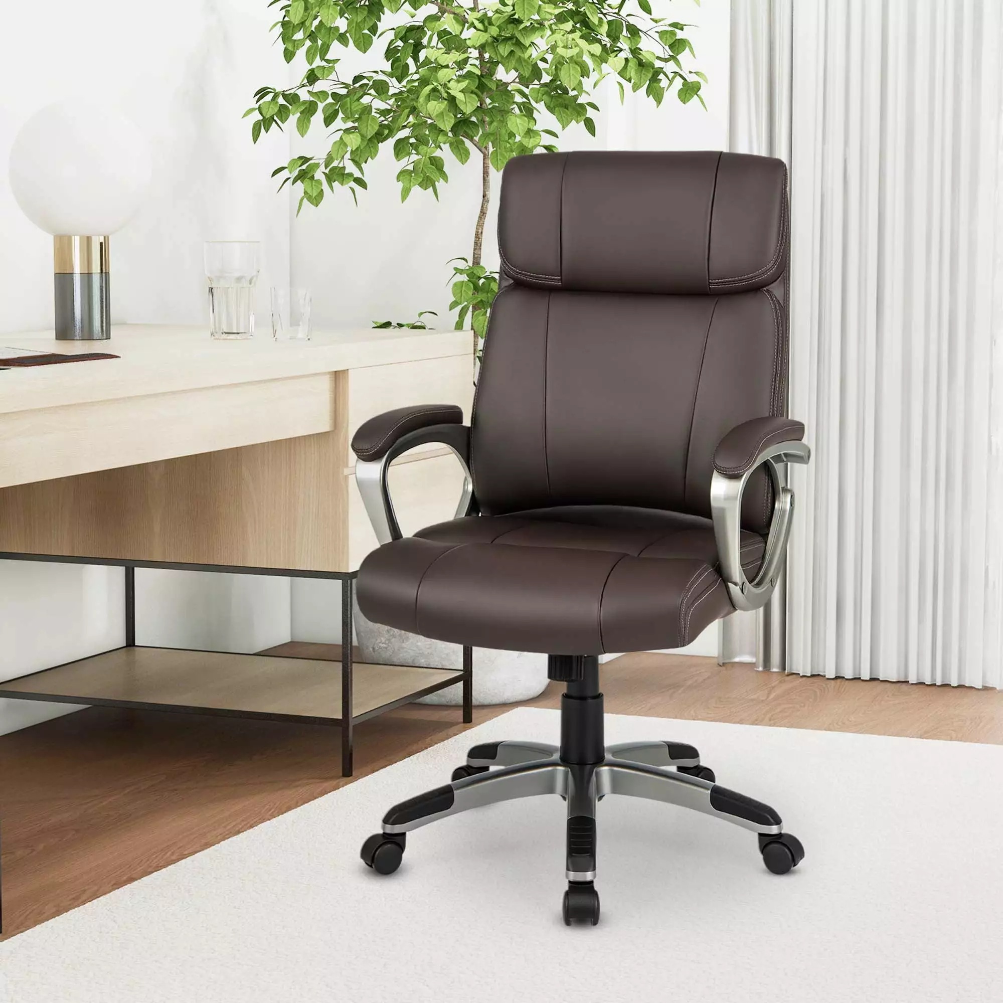 Costway Ergonomic Office Chair Brown PU Leather - Executive Swivel Chair Upholstered Armrests