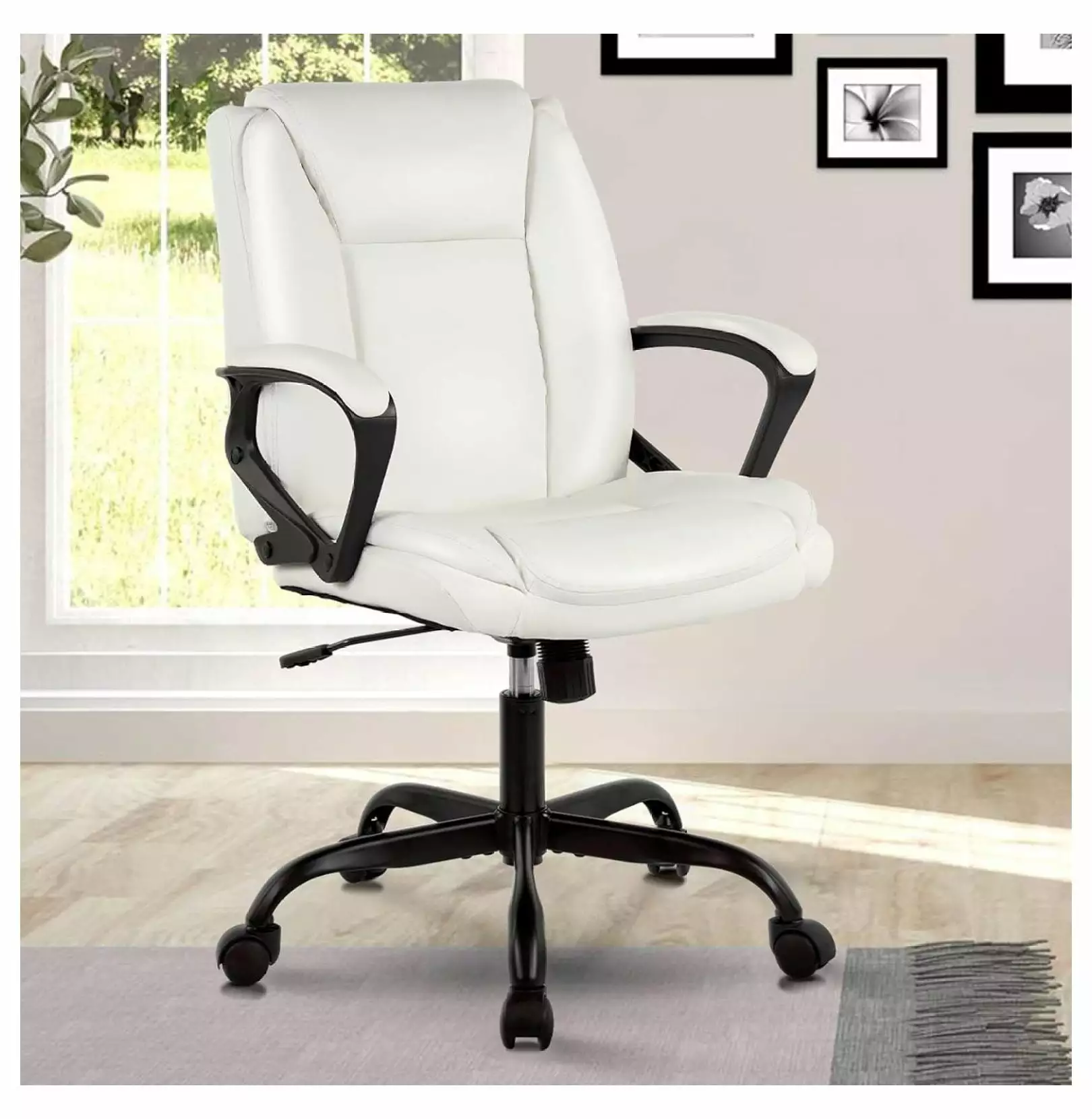 White DieJedXi Office Chair PU Leather Executive Ergonomic Desk Chair Wheels and Armrest