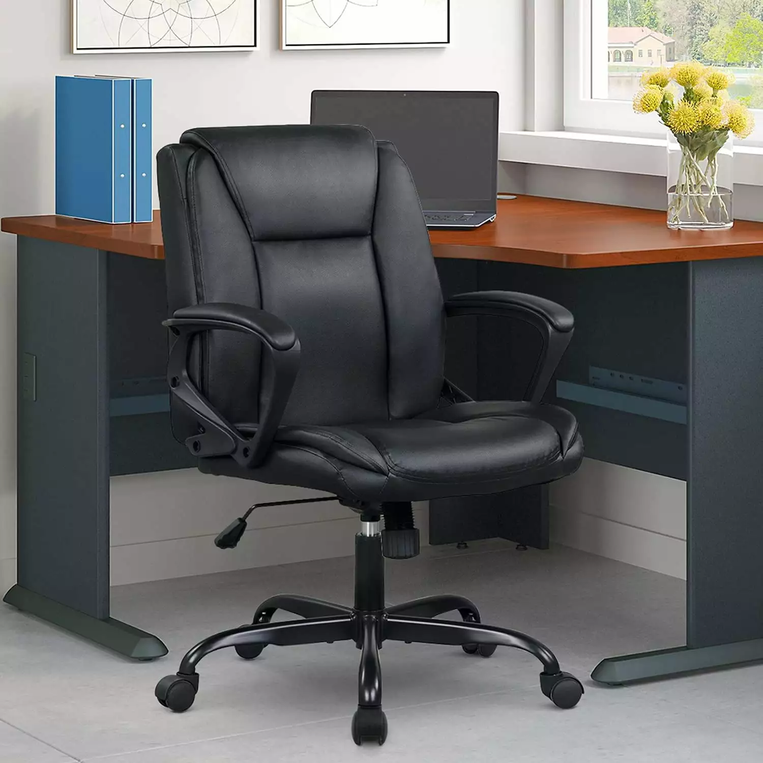 Black Executive Boss Office Chair Mid Back Desk Chair Adjustable Computer Leather Seat Task Chair Dkelincs