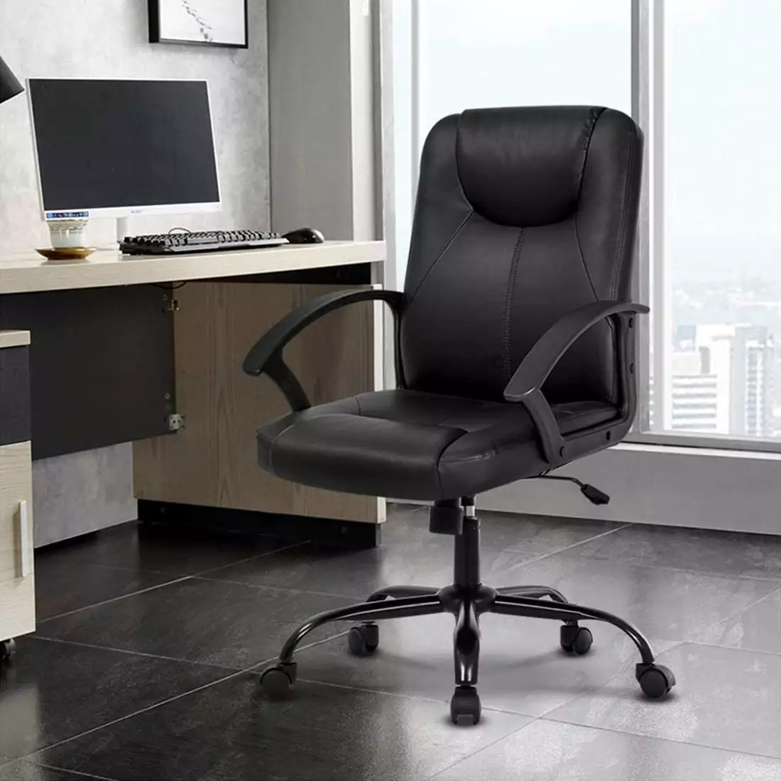 Dkelincs Executive Office Chair Adjustable Computer Desk Chair PU Leather Seat Arms Boss Staff