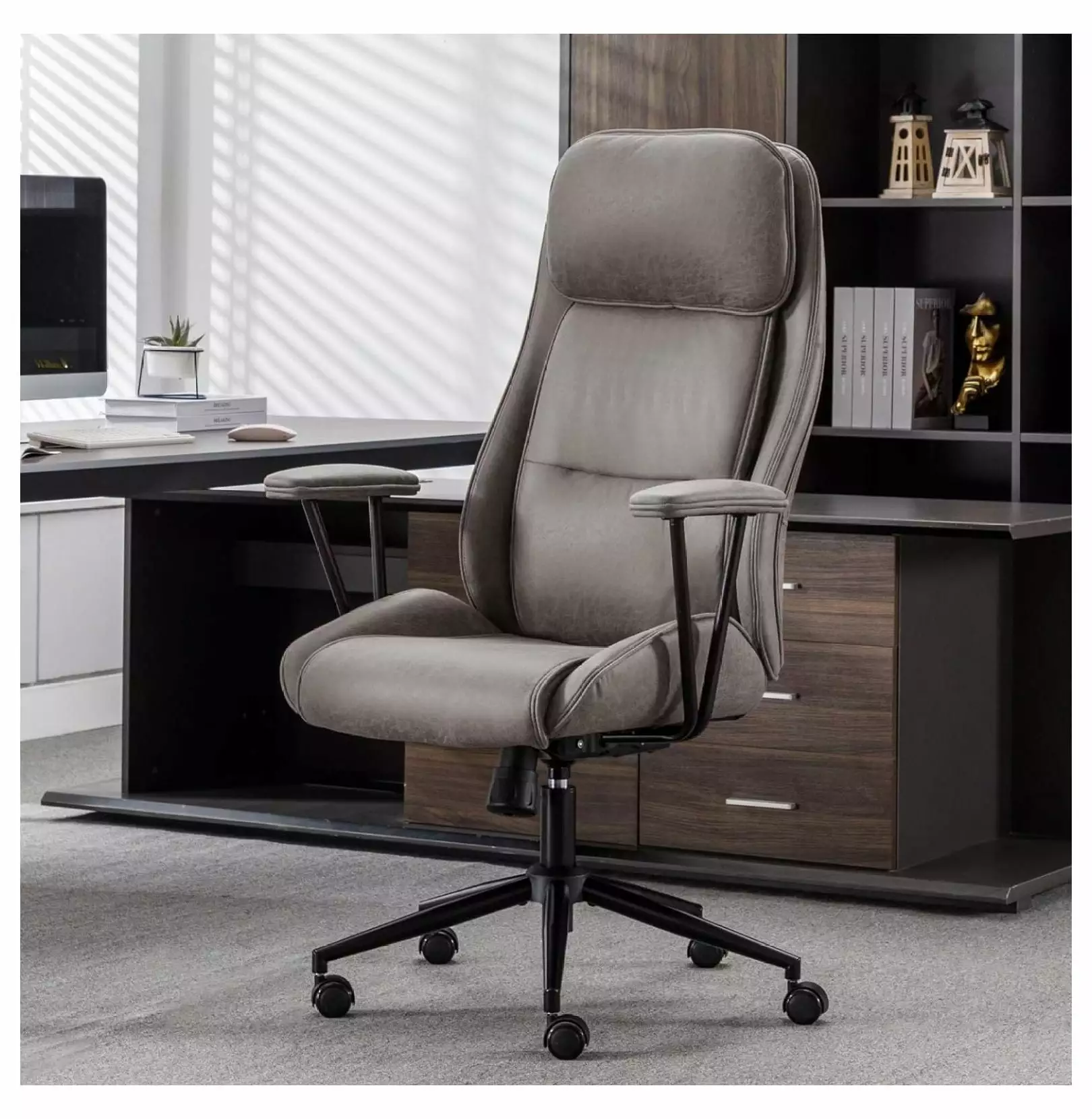 Drevy Executive Chair - 55 Degree Reclining High Back Grey Office Chair Swivel and Wheels