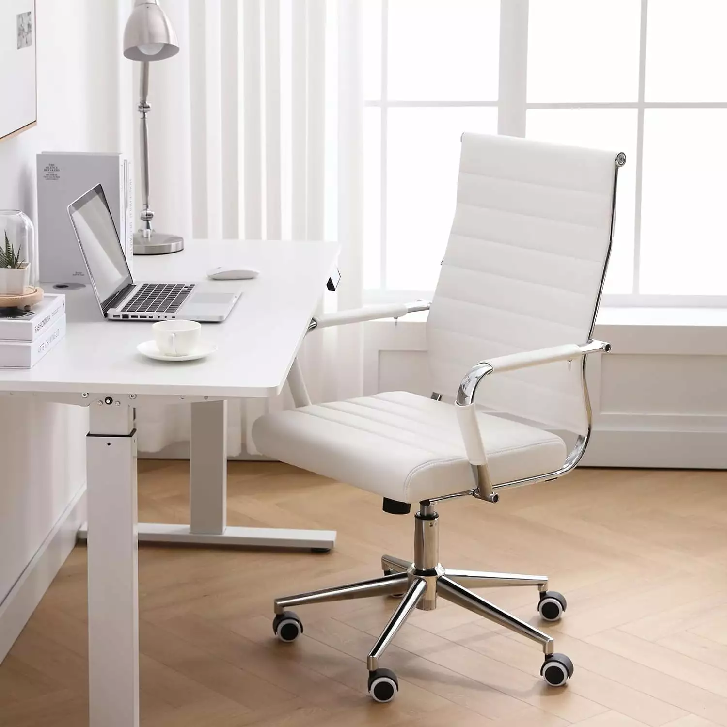 Modern White Leather Ribbed Home Office Chair High Back Ergonomic Executive Desk Chair Adjustable Swivel and Arms FANWB