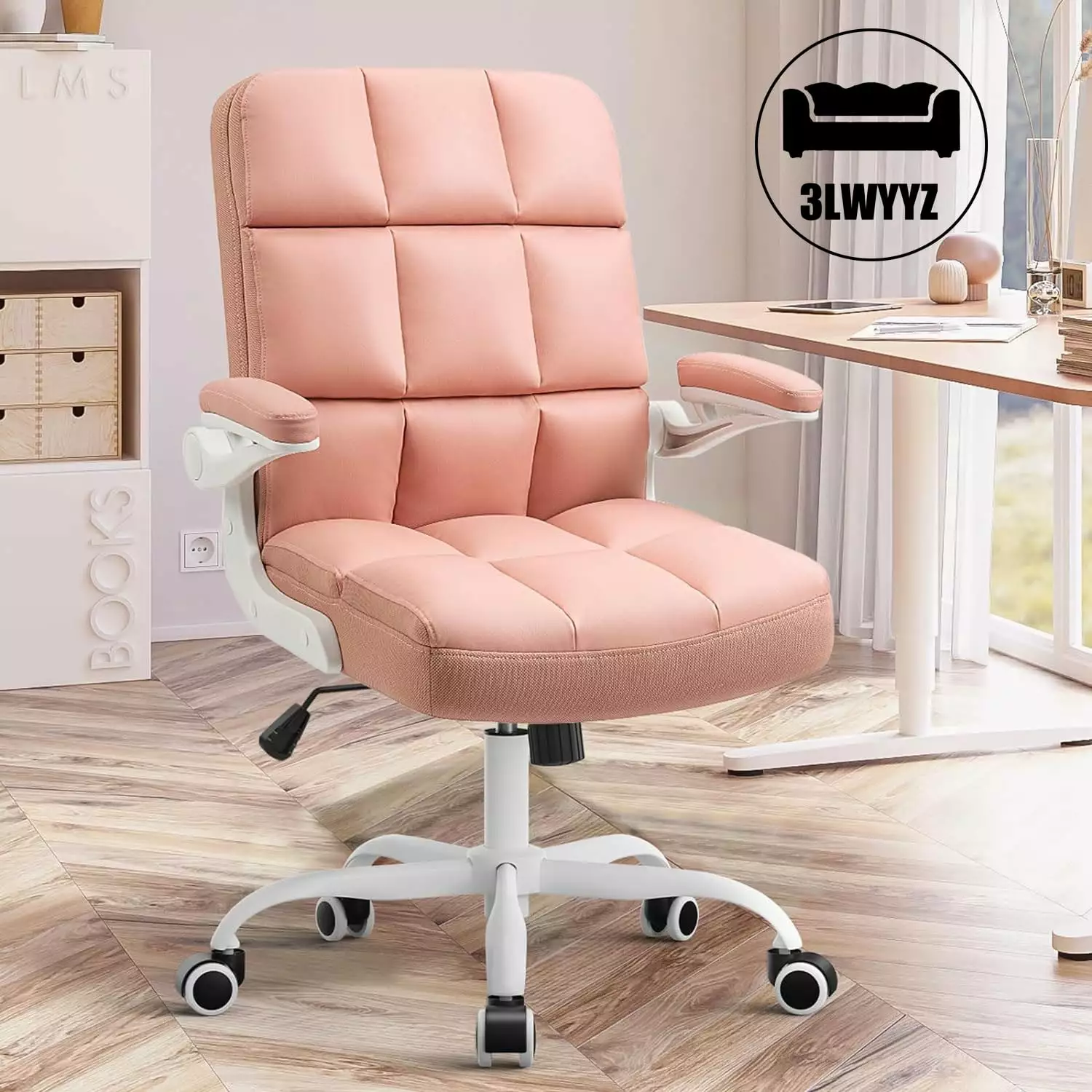 Leather Executive Office Desk and Chair Flip Armrests and Adjustable Wheels FHWMZL