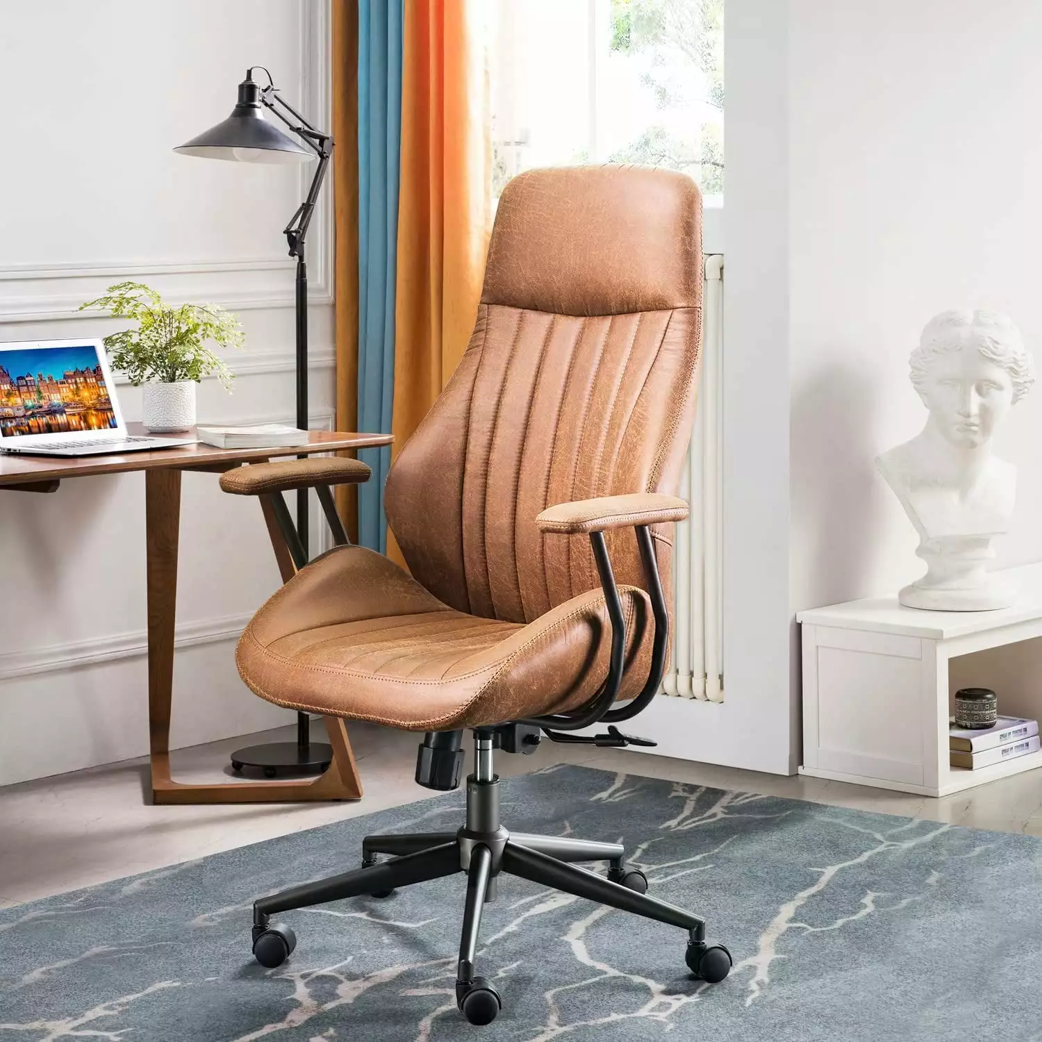 FJU Brown Suede Fabric High Back Modern Ergonomic Office Desk Chair