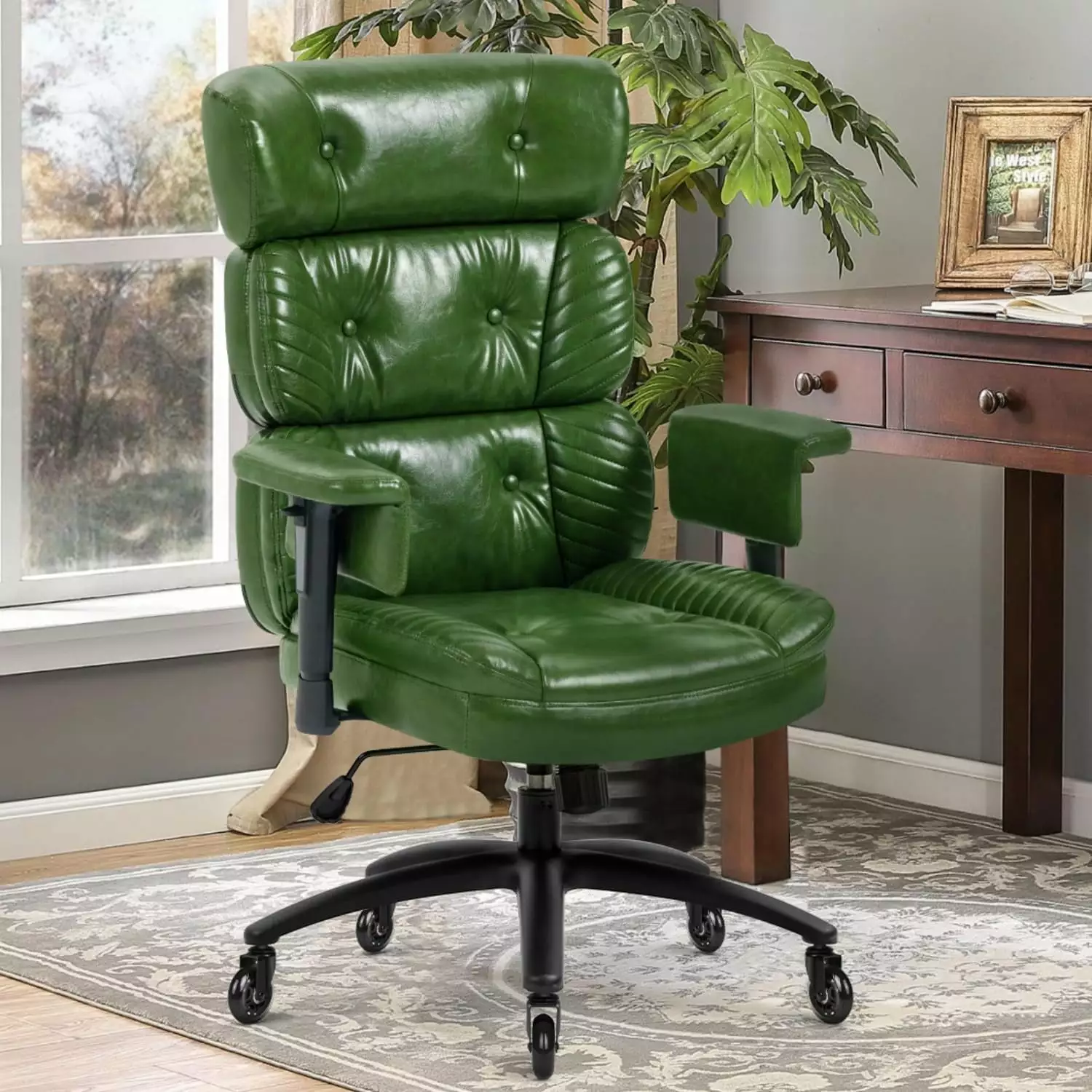 FJU Ergonomic Executive Office Chair High Back Computer Desk Chair Retro Oil Waxed Leather Green