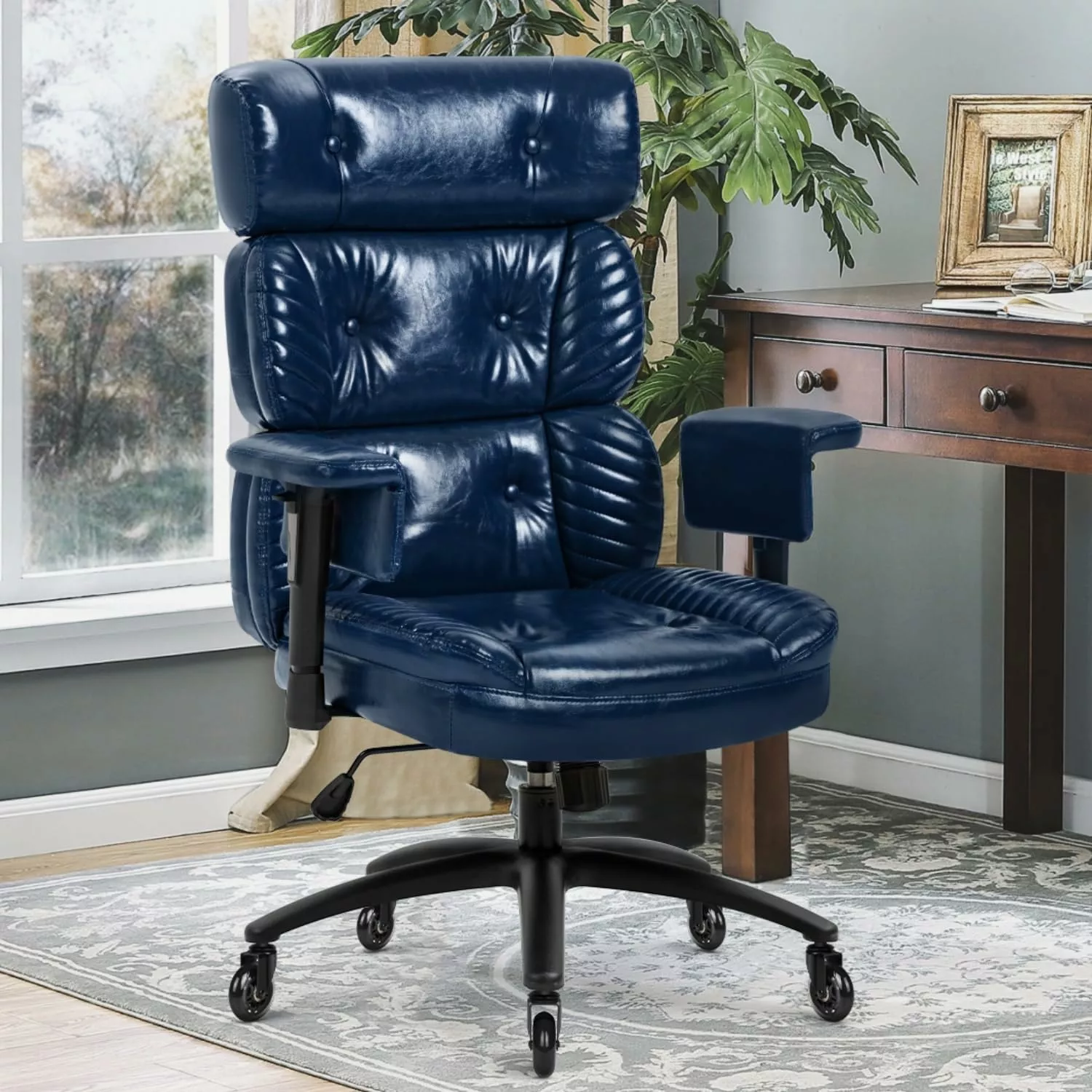 FJU Ergonomic Executive Office Chair High Back Computer Desk Chair Retro Oil Waxed Leather Blue