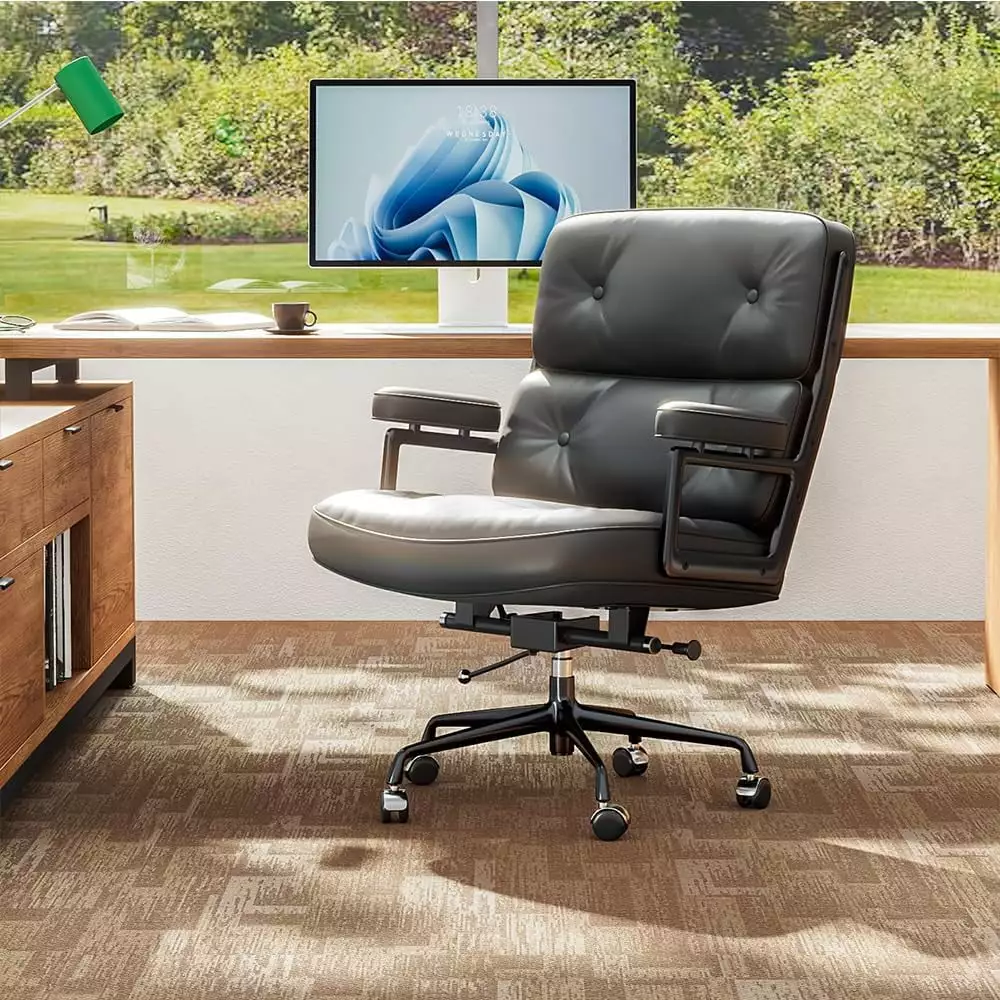 Genuine Leather Office Chair Mid Back Executive Desk Chair Lumbar Support Black FJU