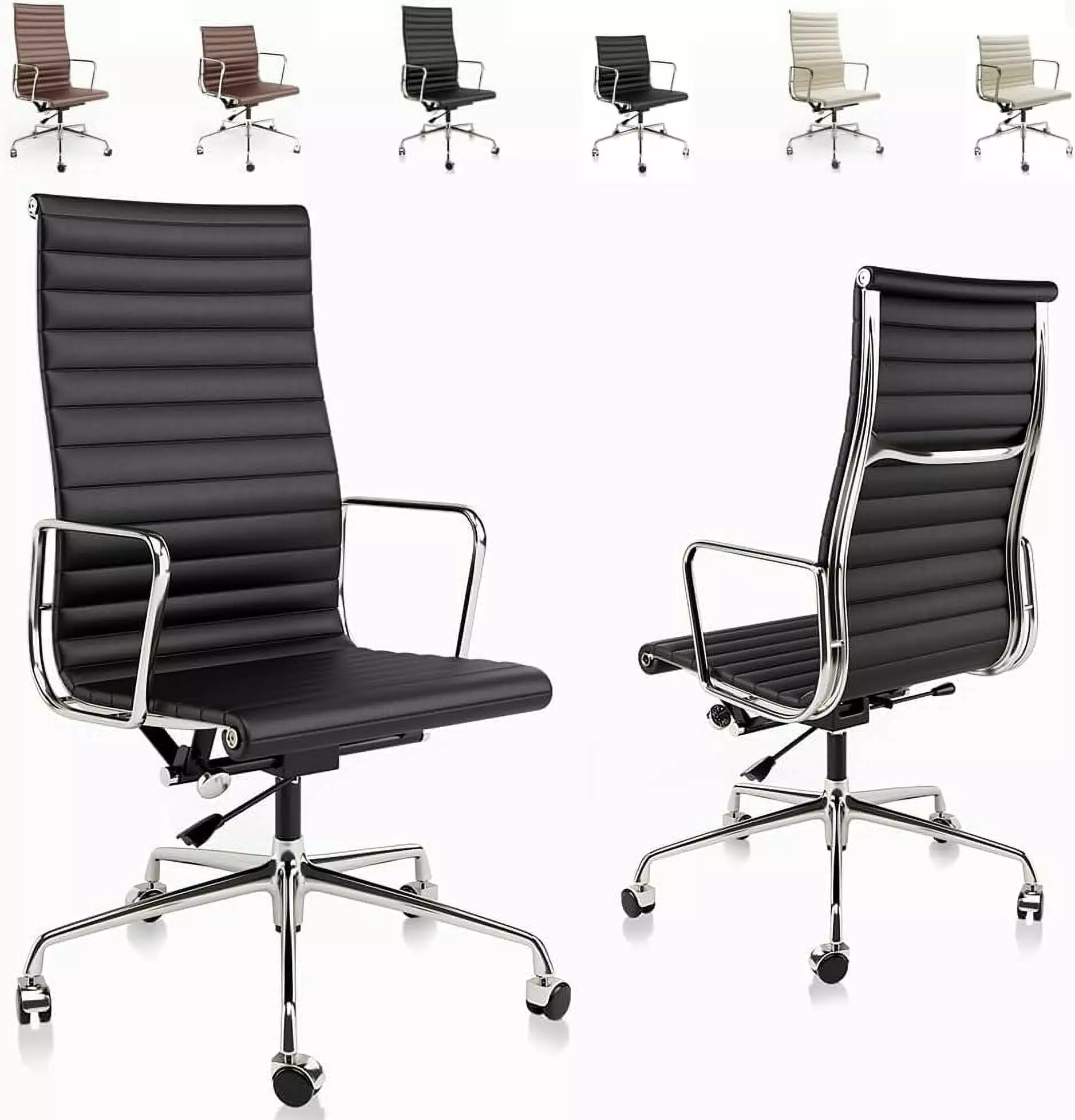 Ribbed Office Chair - Top Black Grain Leather, High Back, Swivel, Adjustable Ergonomic Computer Desk Chair, Aluminum Alloy...