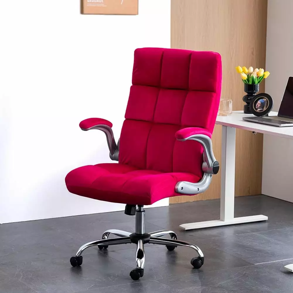 Velvet Home Office Chair Comfy Ergonomic Executive Chair Wheels Swivel Flip-up Arms Faux Fur Lumbar Support Fuchsia Large FJU
