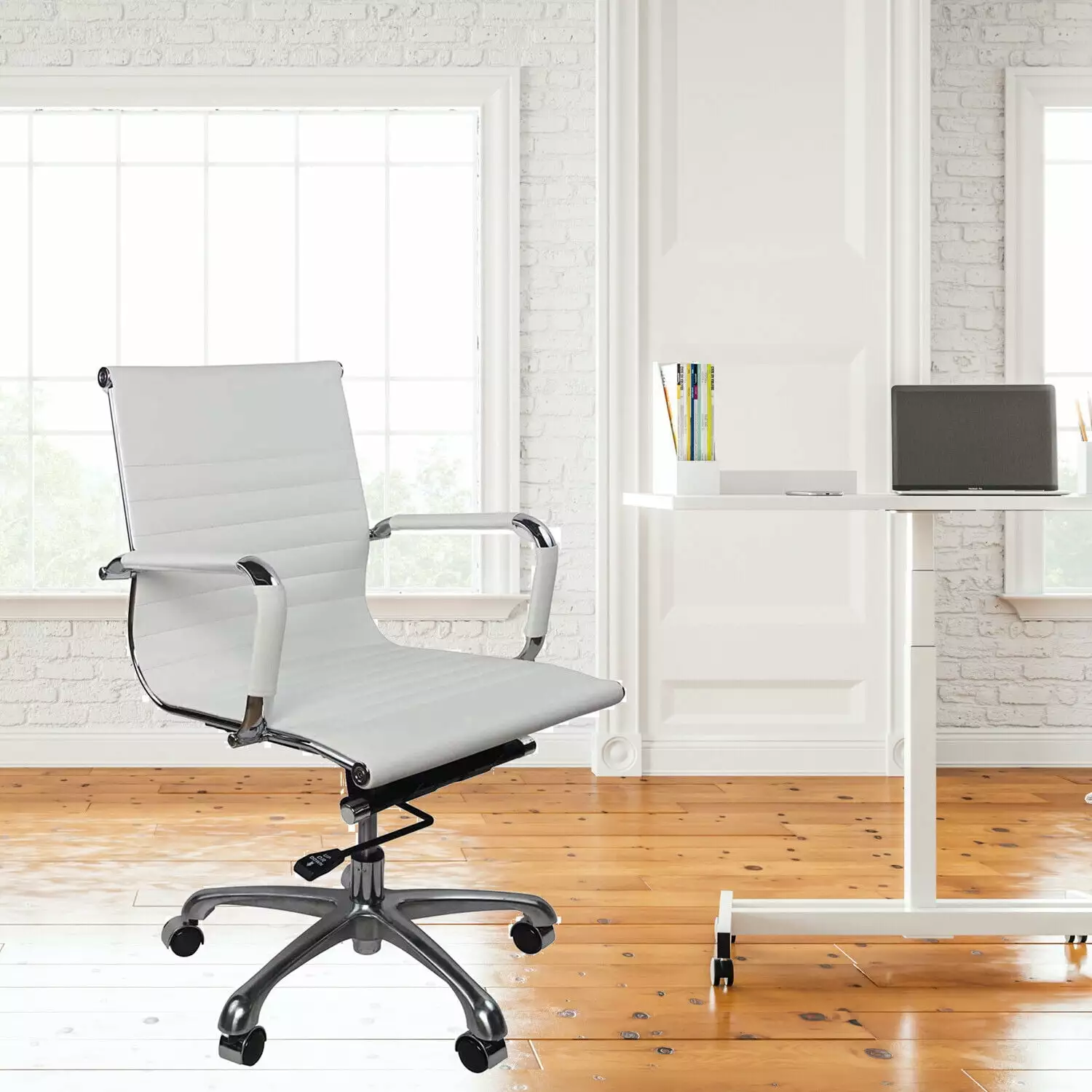 Fohfurniture White PU Leather Ergonomic Executive Office Desk Chair Mid Back Leather Height Adjustable Swivel Ribbed Chair...