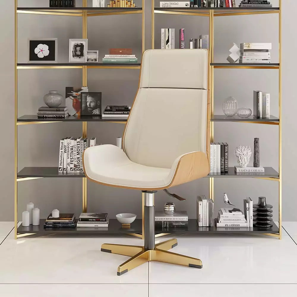 Homary Leather Office Desk Chair High Back Adjustable Swivel Executive Chair Beige Gold