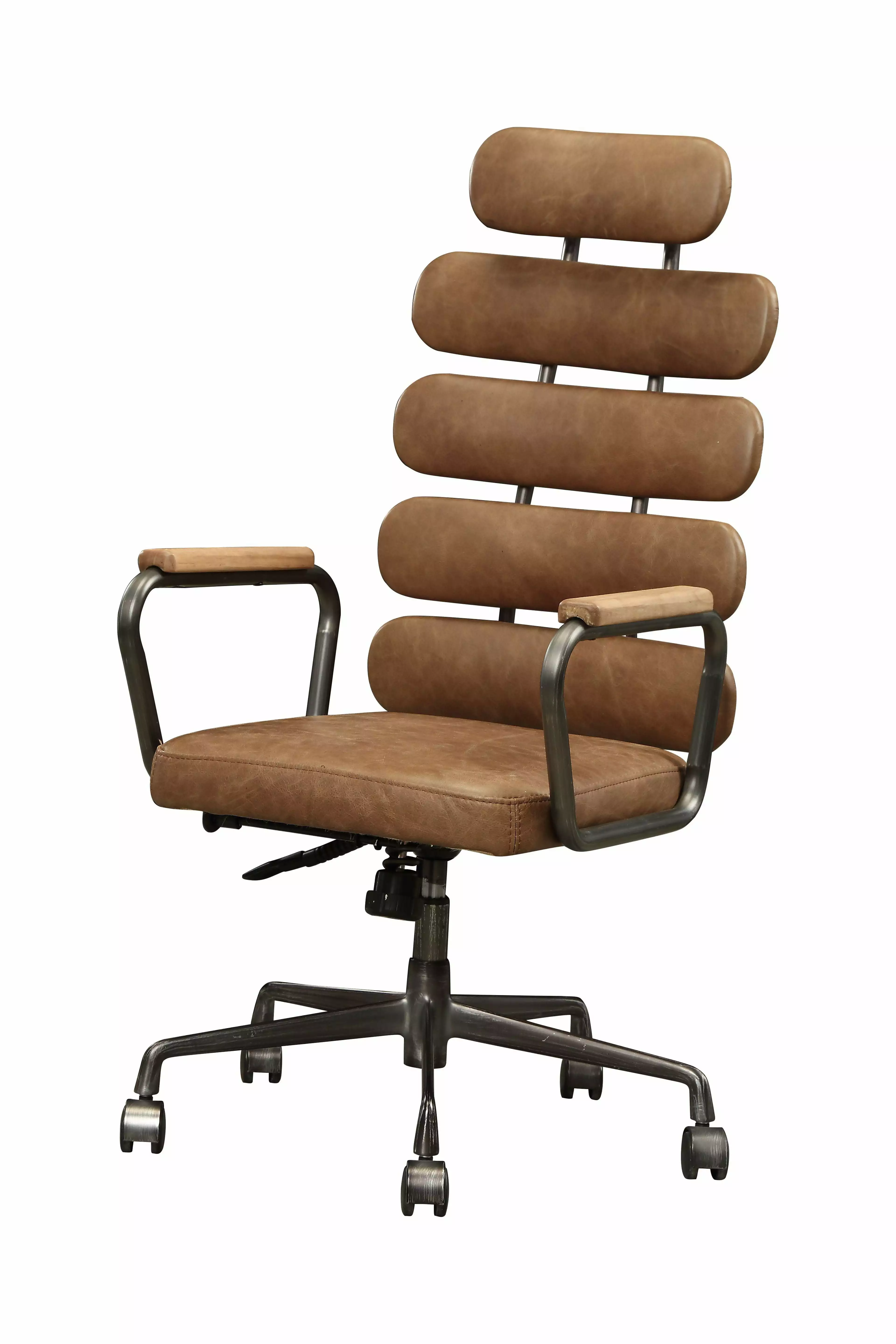 Executive Office Chair Retro Brown Top Grain Leather Metal Base and Foam Padding HomeRoots