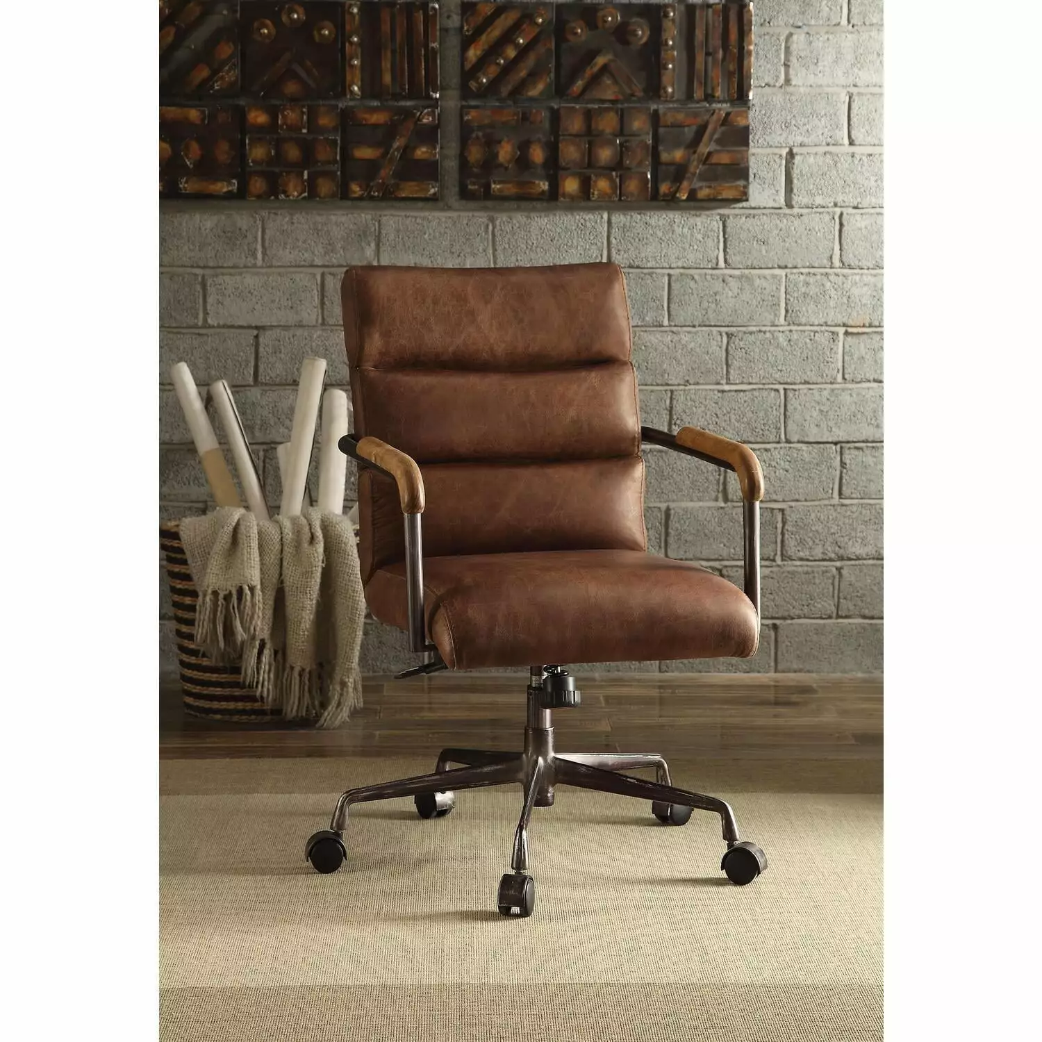 HomeStock Executive Office Chair Seaside Style Brown Top Grain Leather