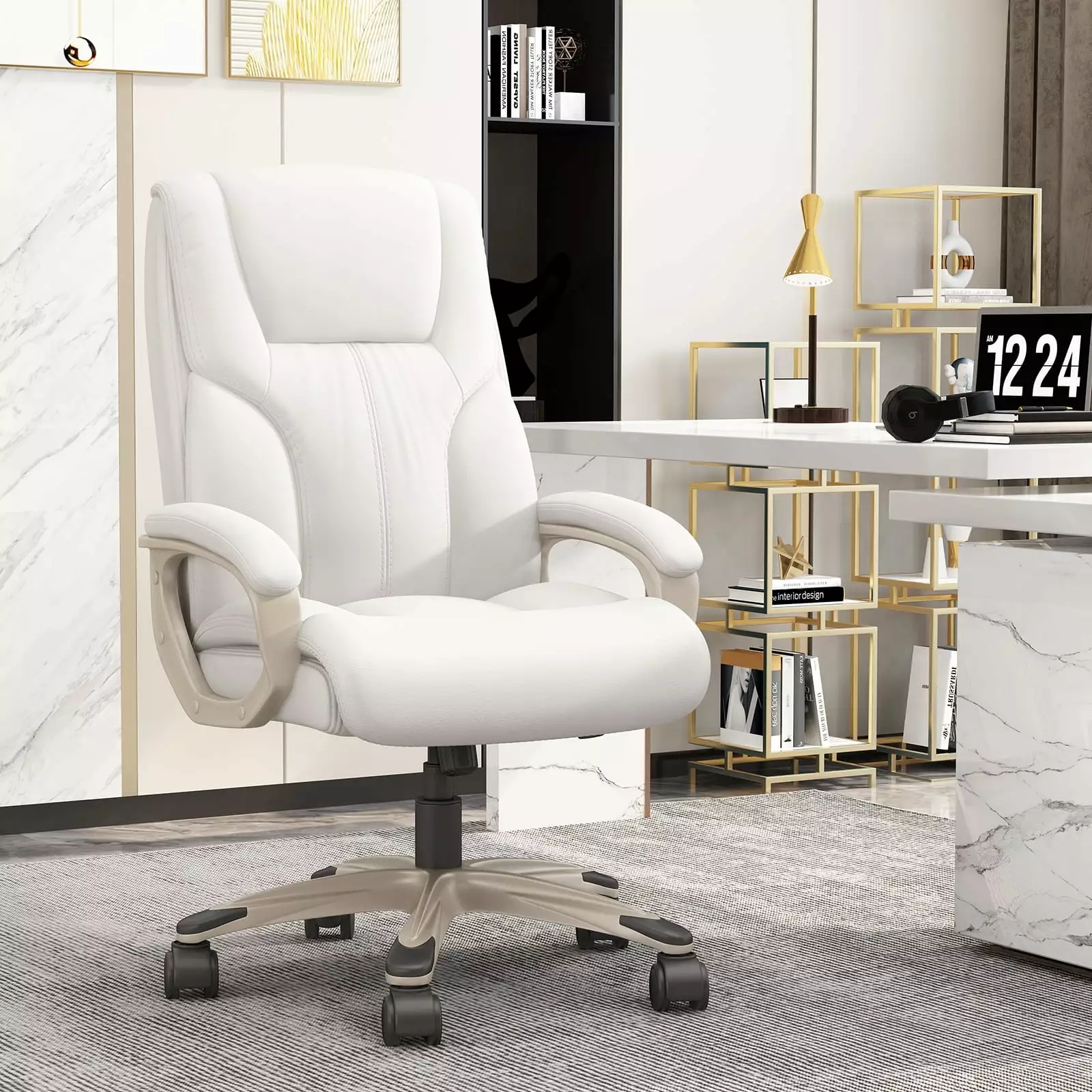 Homezeer Leather Executive Office Chair High Back Arms Heavy Duty Design White