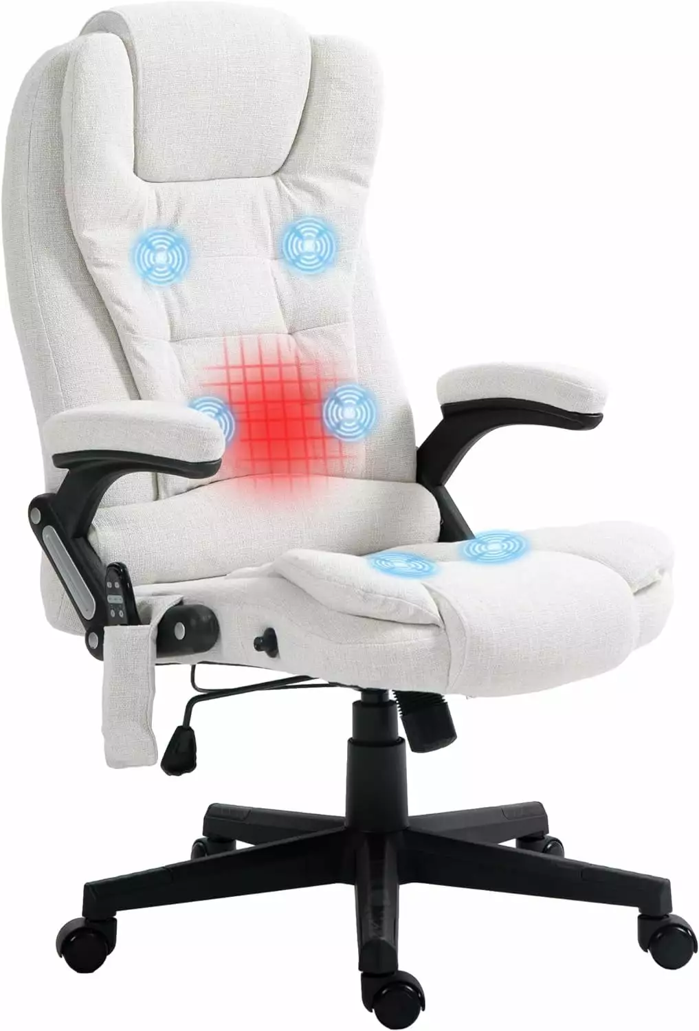 U-ToBe 6 Point Vibrating Massage Office Chair Heat Linen High Back Executive Chair Reclining Backrest Cream White Homezy