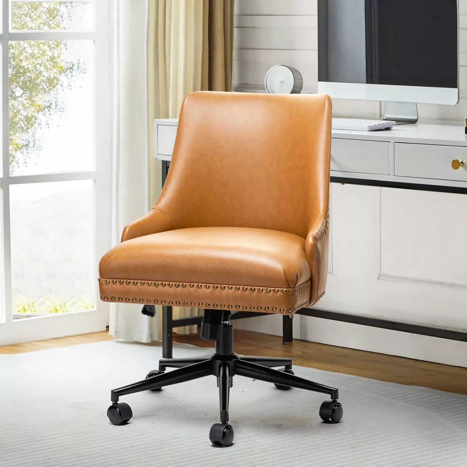 Camel Faux Leather Home Office Chair Black Metal Base and Nailhead Trim HUCHENG