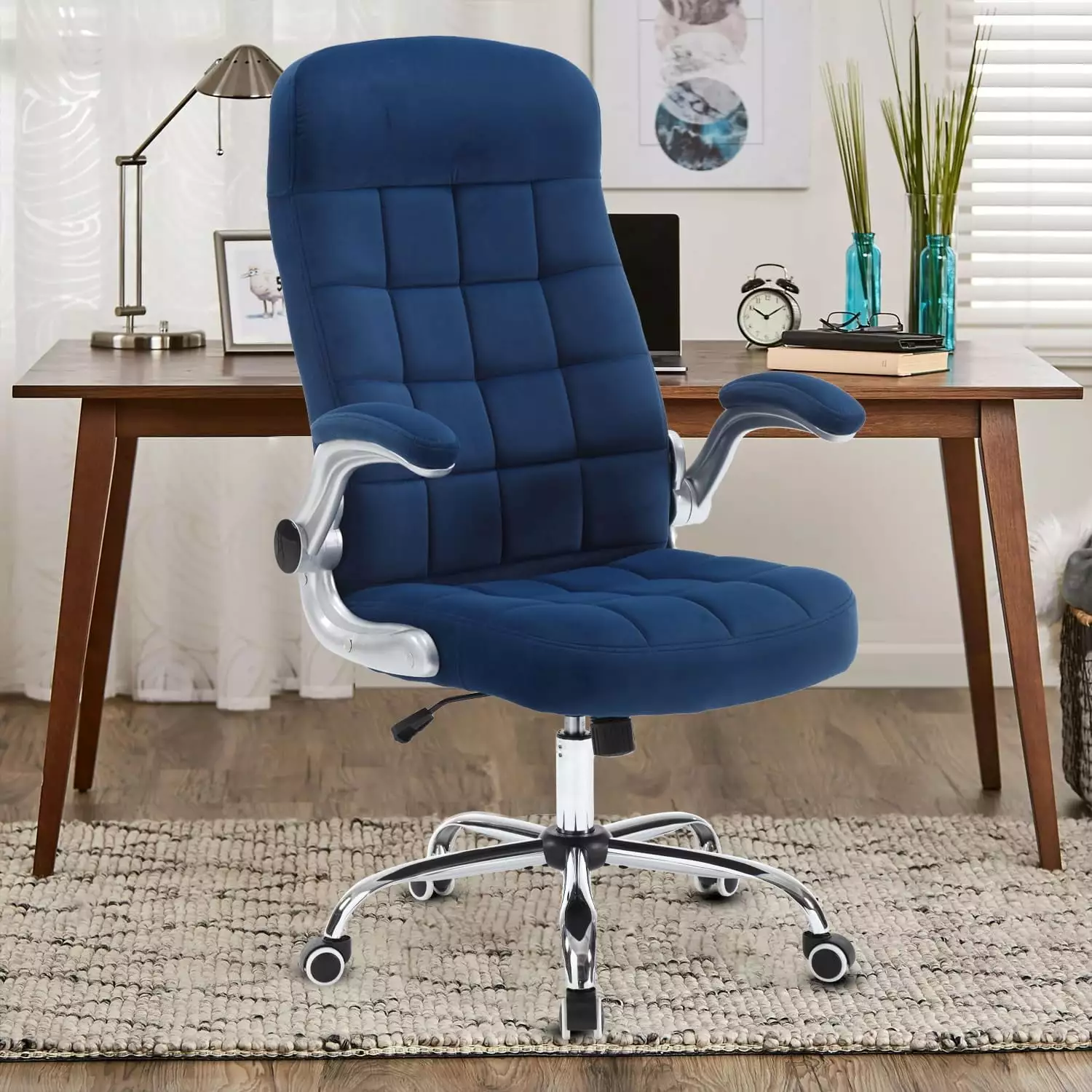 High Back Fabric Office Chair - Blue Velvet Executive Desk Chair Flip-Up Arms HUCHENG