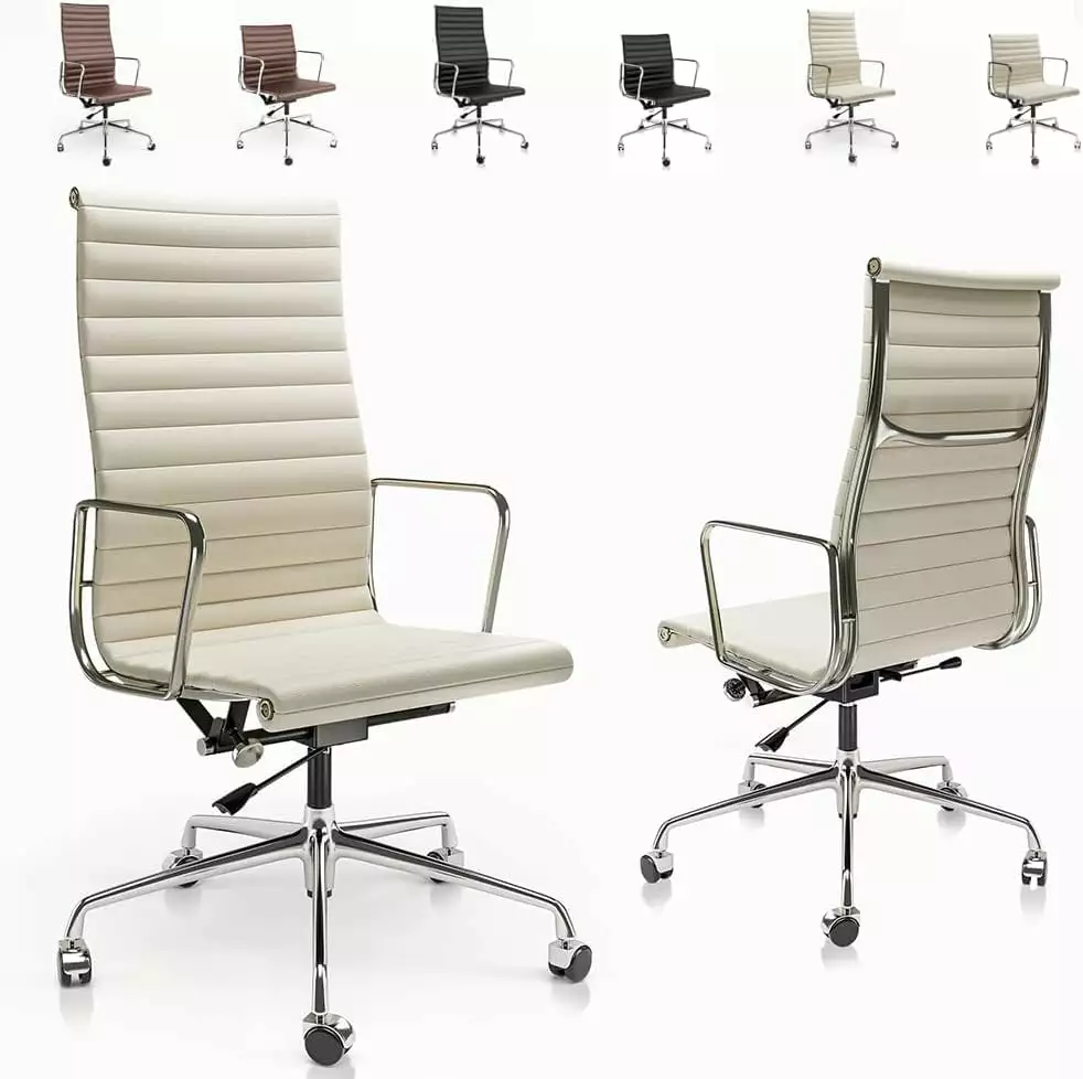 Ribbed Office Chair High Back Cream Grain Leather Swivel Adjustable Ergonomic Desk Chair Aluminum Frame HUCHENG