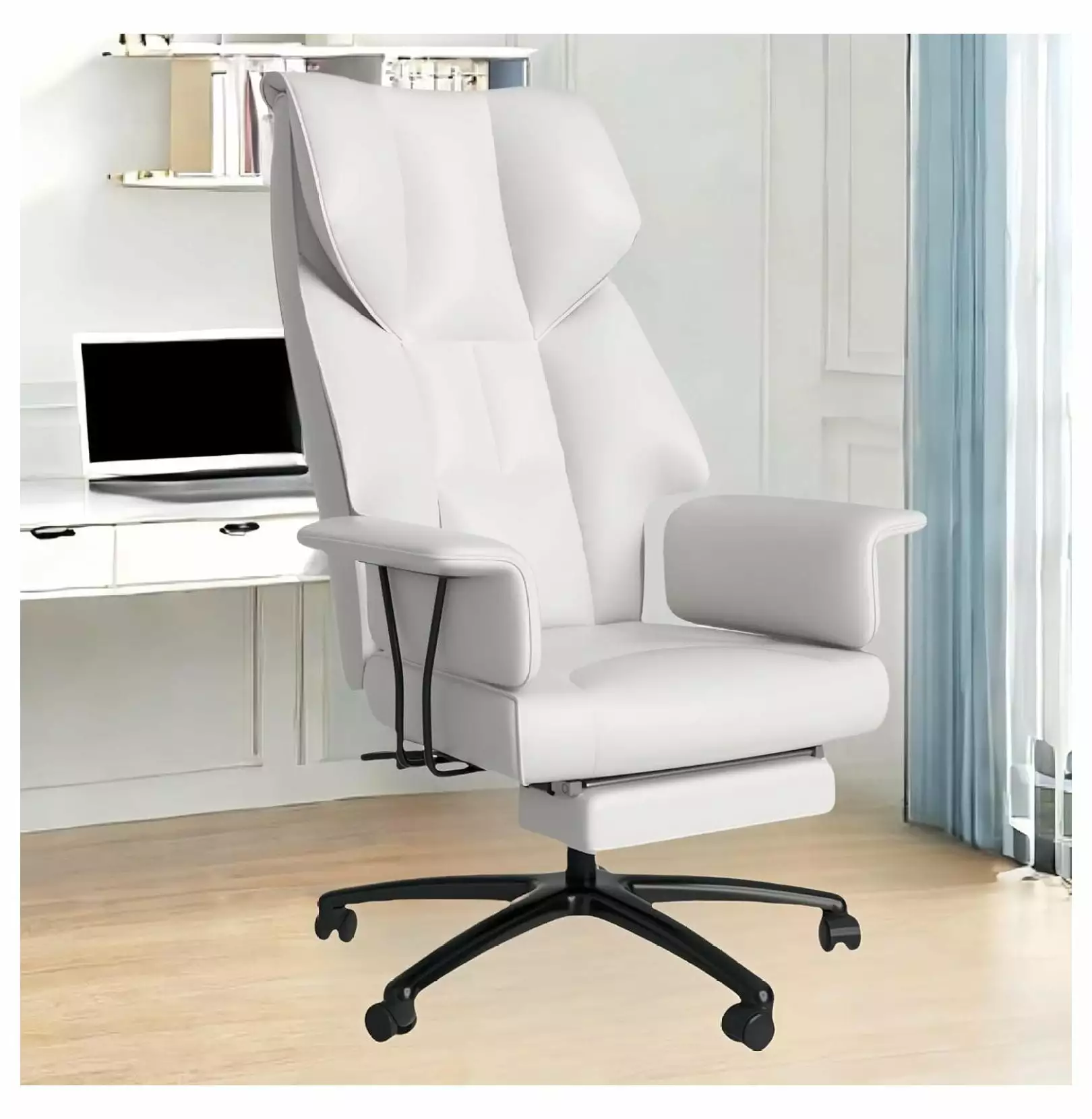 Jadona Big and Tall Office Desk Chair Foot Rest Leather Ergonomic High Back Executive Chair 90-135 Reclining 400lbs White