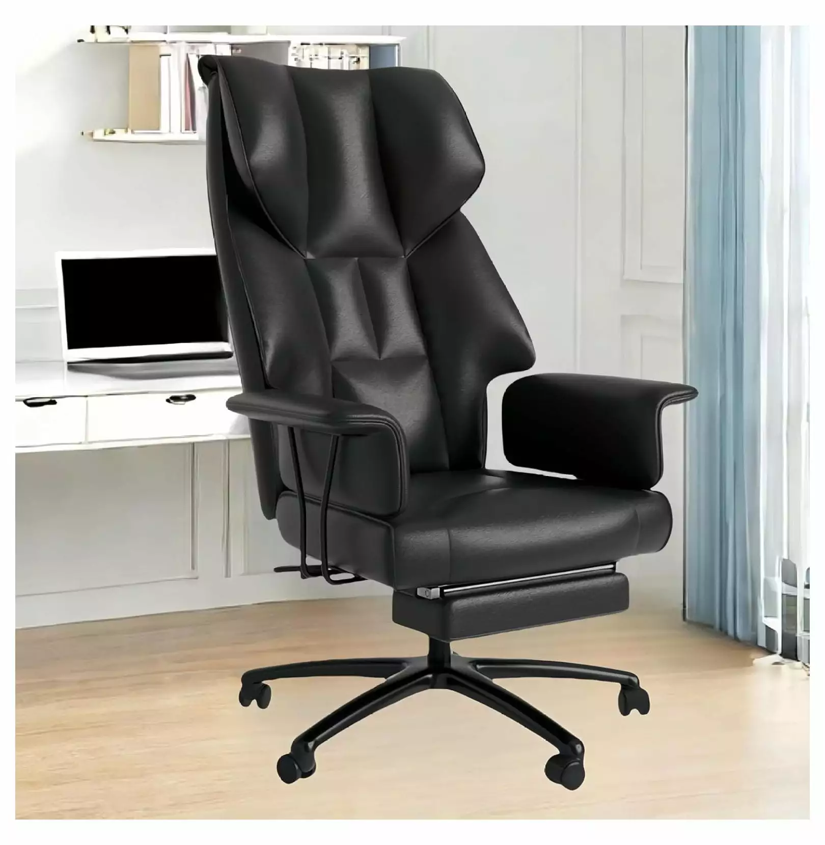 Jadona Big and Tall Office Desk Chair Foot Rest Leather Ergonomic High Back Executive Chair 90-135 Reclining 400lbs Black