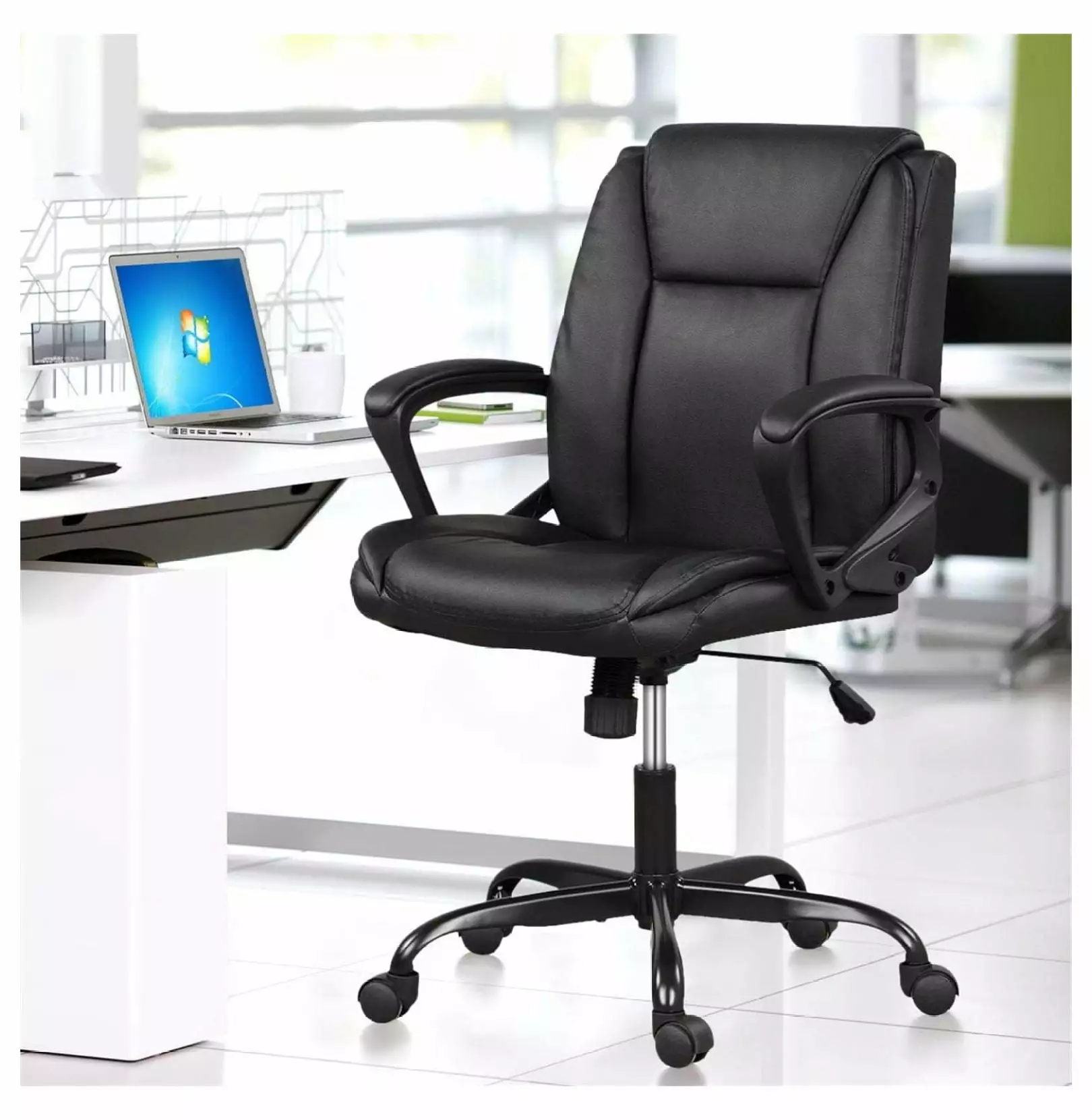 Black PU Leather Executive Office Chair Lumbar Support and Rolling Wheels KITYDALK