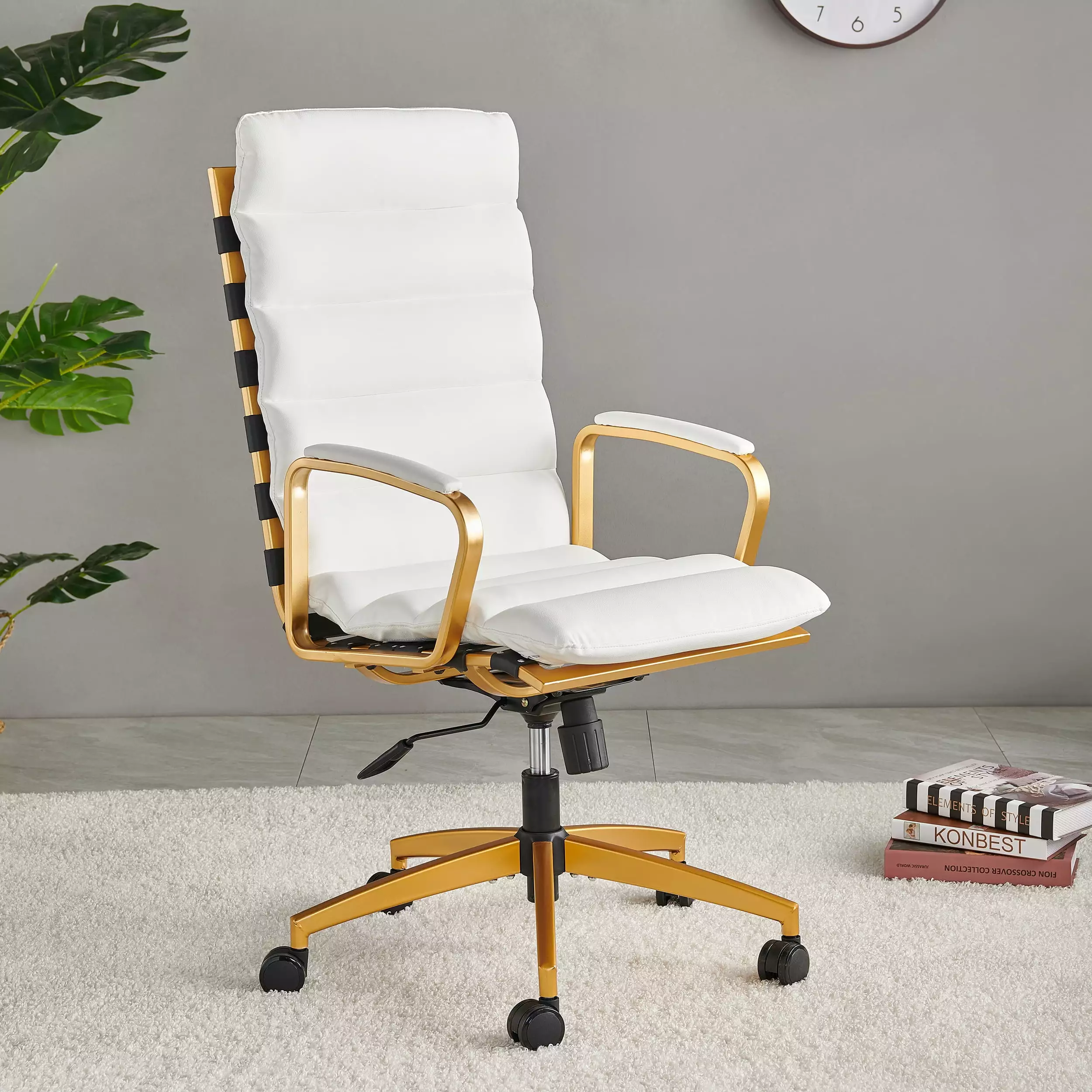 LUXMOD High Back Executive Office Chair Armrest Adjustable Swivel Chair Durable Vegan Leather Modern Gold Office Chair