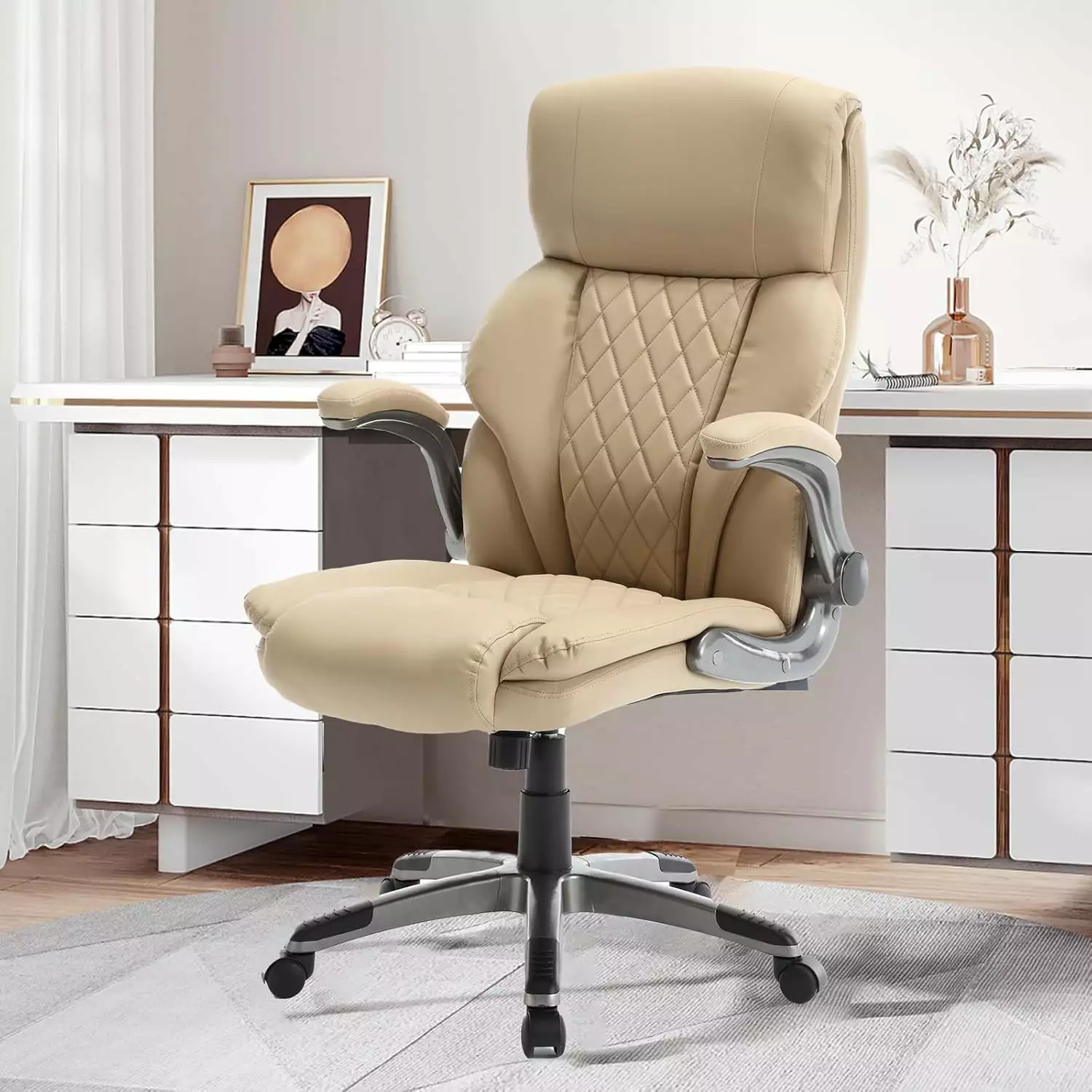 MENGGE Leather Executive Office Chair - High Back Ergonomic Desk Chair Flip-up Arms - Beige