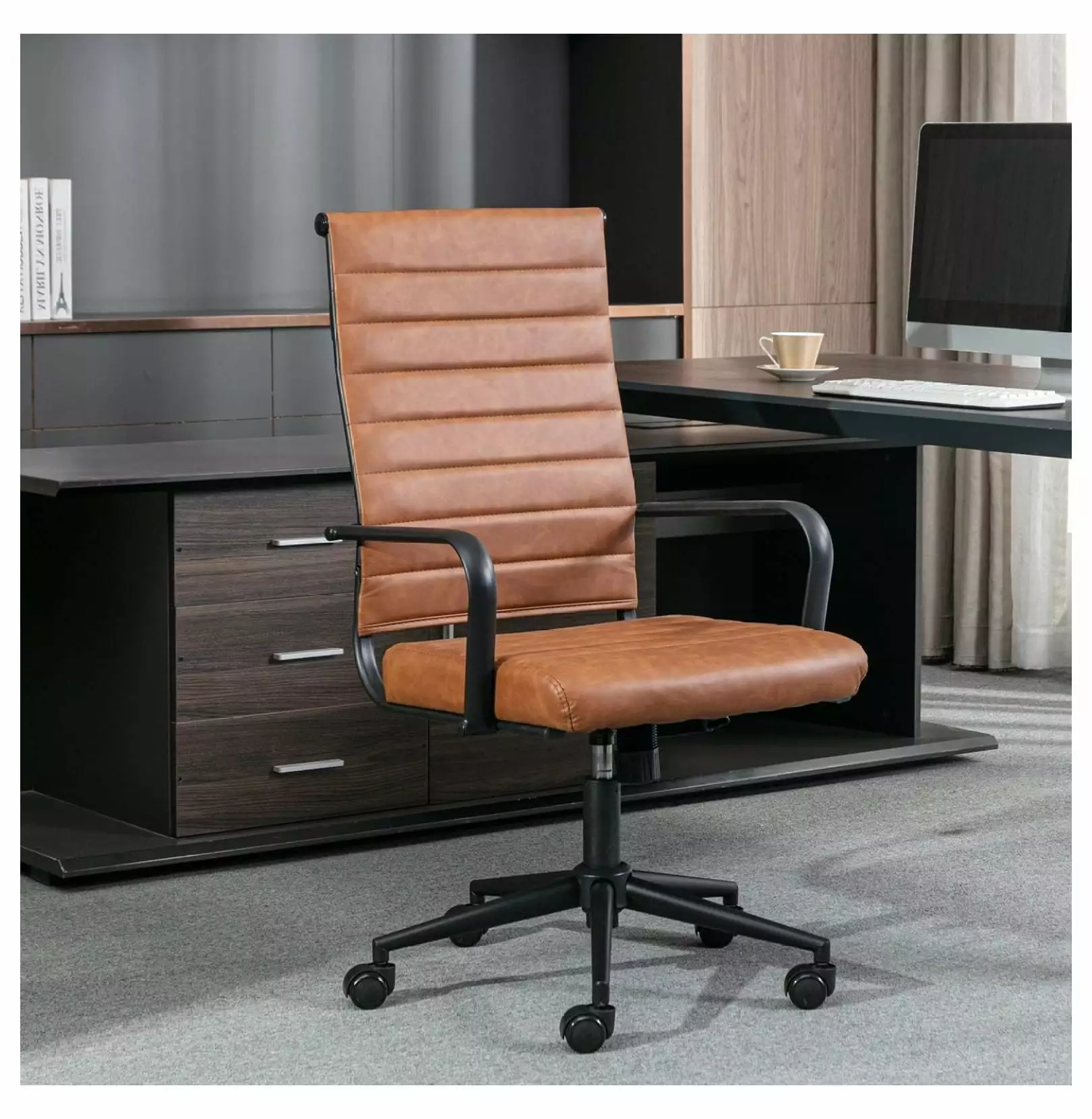 Modern Ergonomic Executive PU Leather Office Chair Armrests and Wheels - Brown MiaHltTia