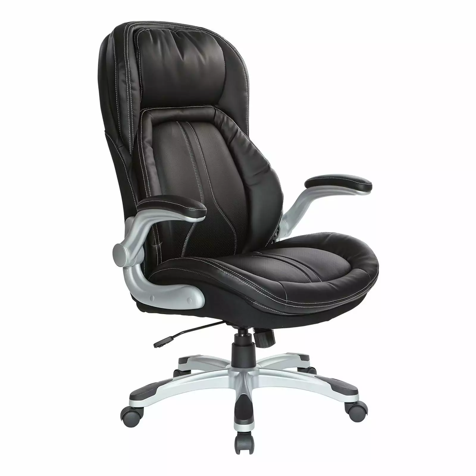 Pemberly Row Black Leather Executive Chair Padded Flip Arms & Silver Base