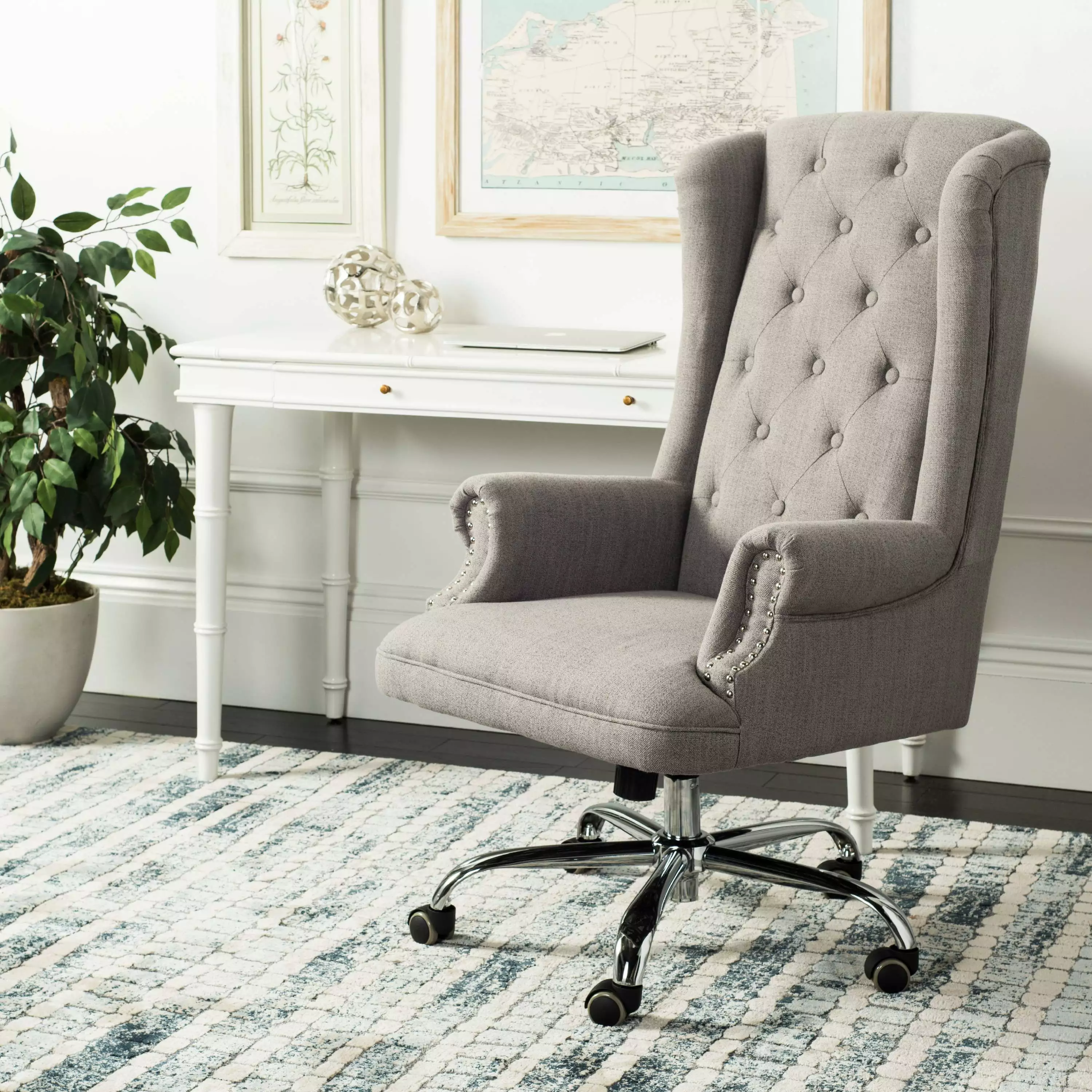 Safavieh Ian Linen Chrome Leg Swivel Office Chair Grey and Chrome