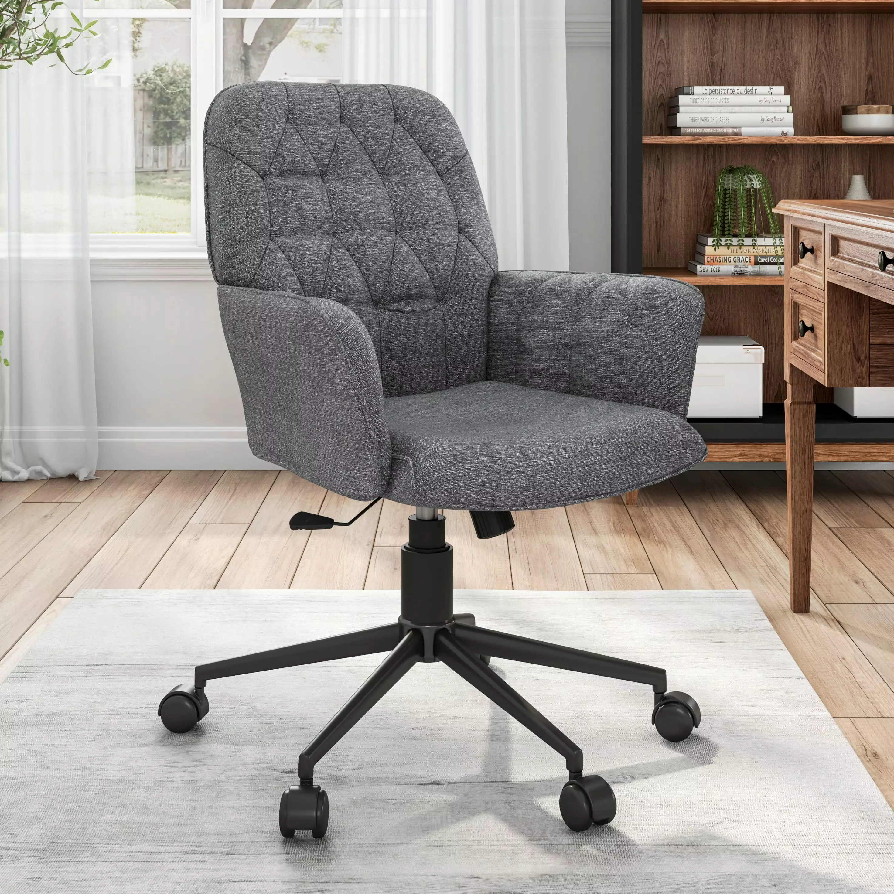 Techni Mobili Modern Upholstered Executive Chair Arms Grey - Tufted Office Desk Chair