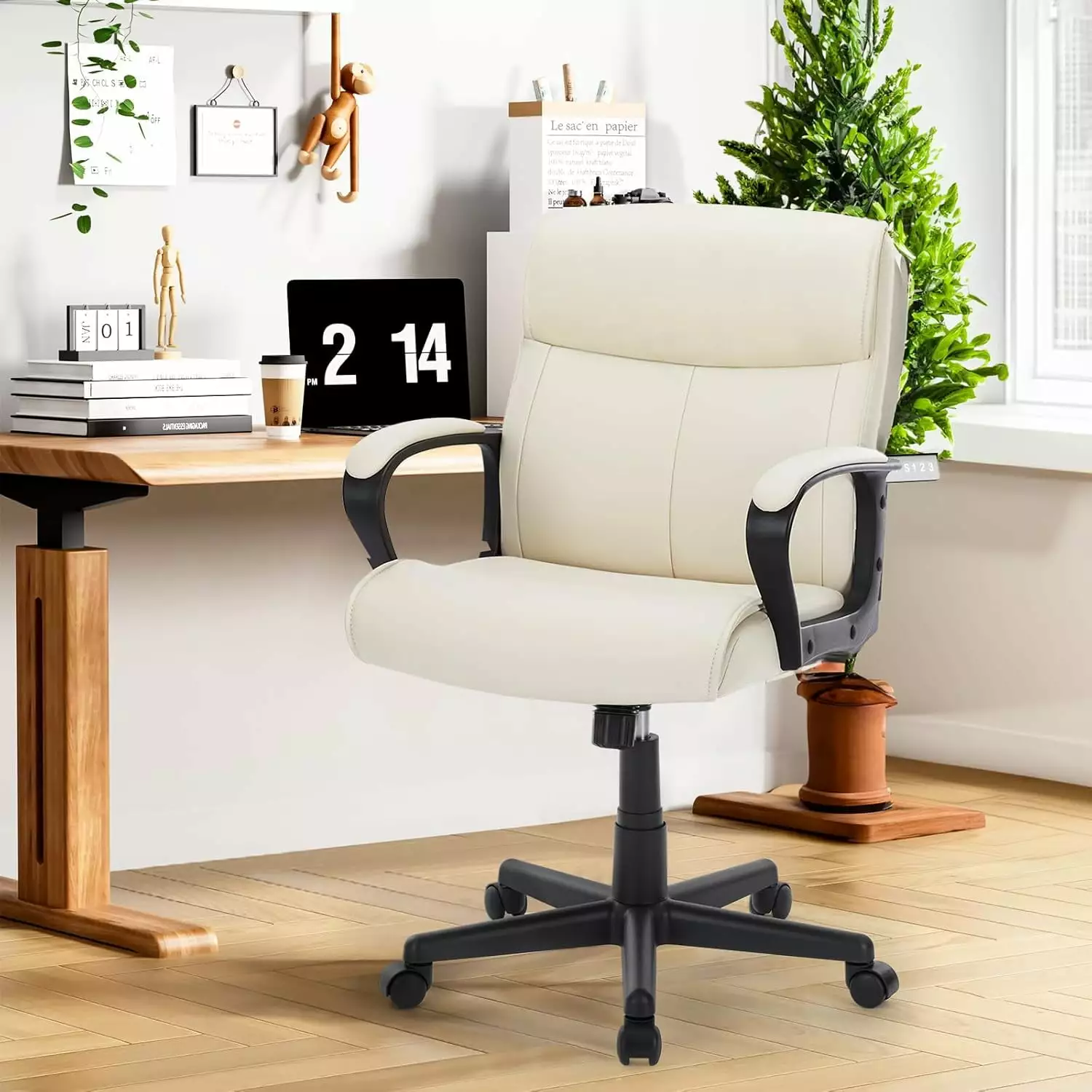 Executive Office Chair Padded Armrests - Adjustable Height 360 Swivel PU Leather Chair Lumbar Support Cream TRAHOO