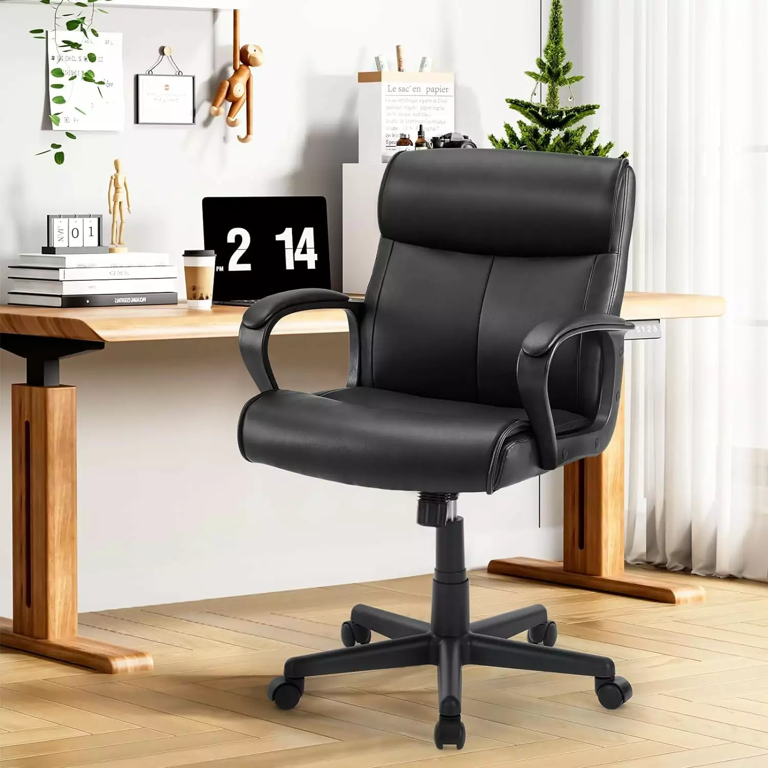 Executive Office Chair Padded Armrests Mid Back Lumbar Support Adjustable Height Tilt Angle PU Leather Swivel Rolling Chai...