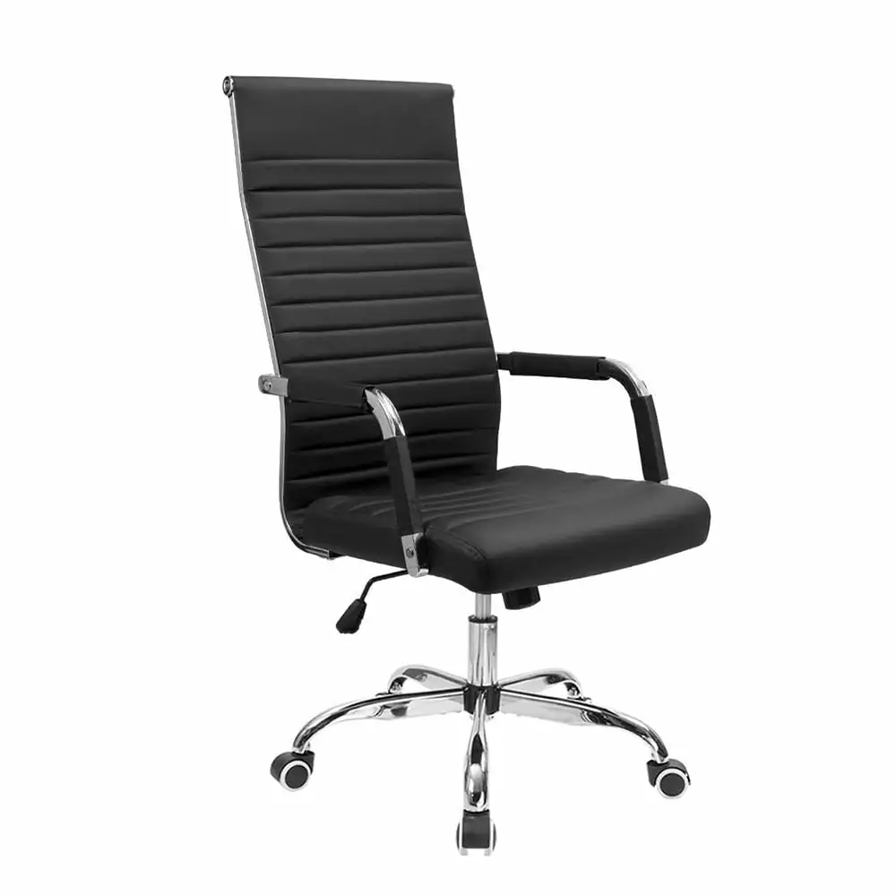 Black Ribbed Executive Office Chair - High Back Leather Conference Chair Adjustable Arms Unbrand
