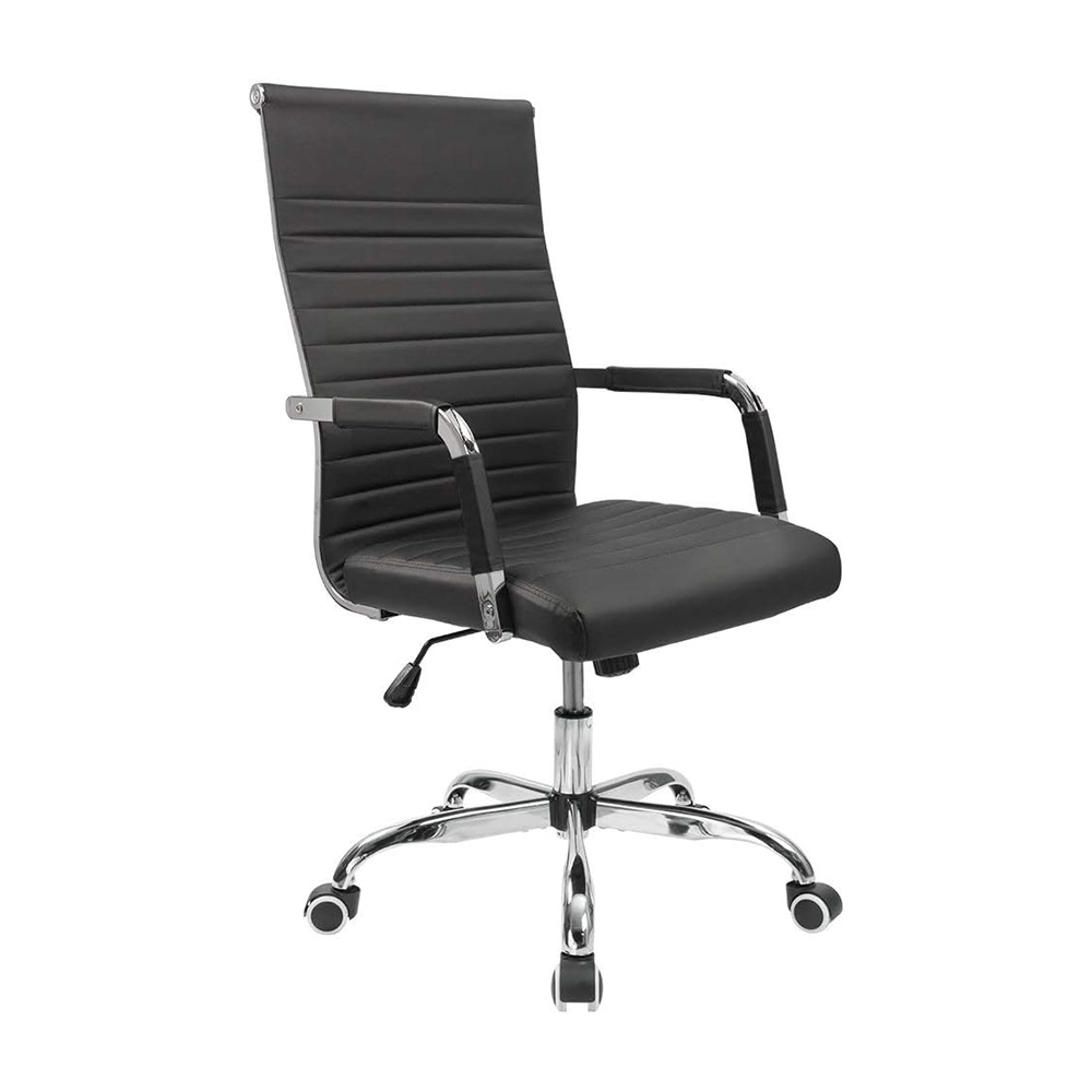 Black Ribbed Mid Back Leather Executive Office Desk Chair Adjustable Swivel Conference Task Chair Arms Unbrand