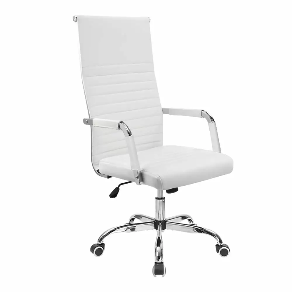 White Ribbed High Back Leather Executive Office Chair Adjustable Swivel Conference Chair Arms Unbrand