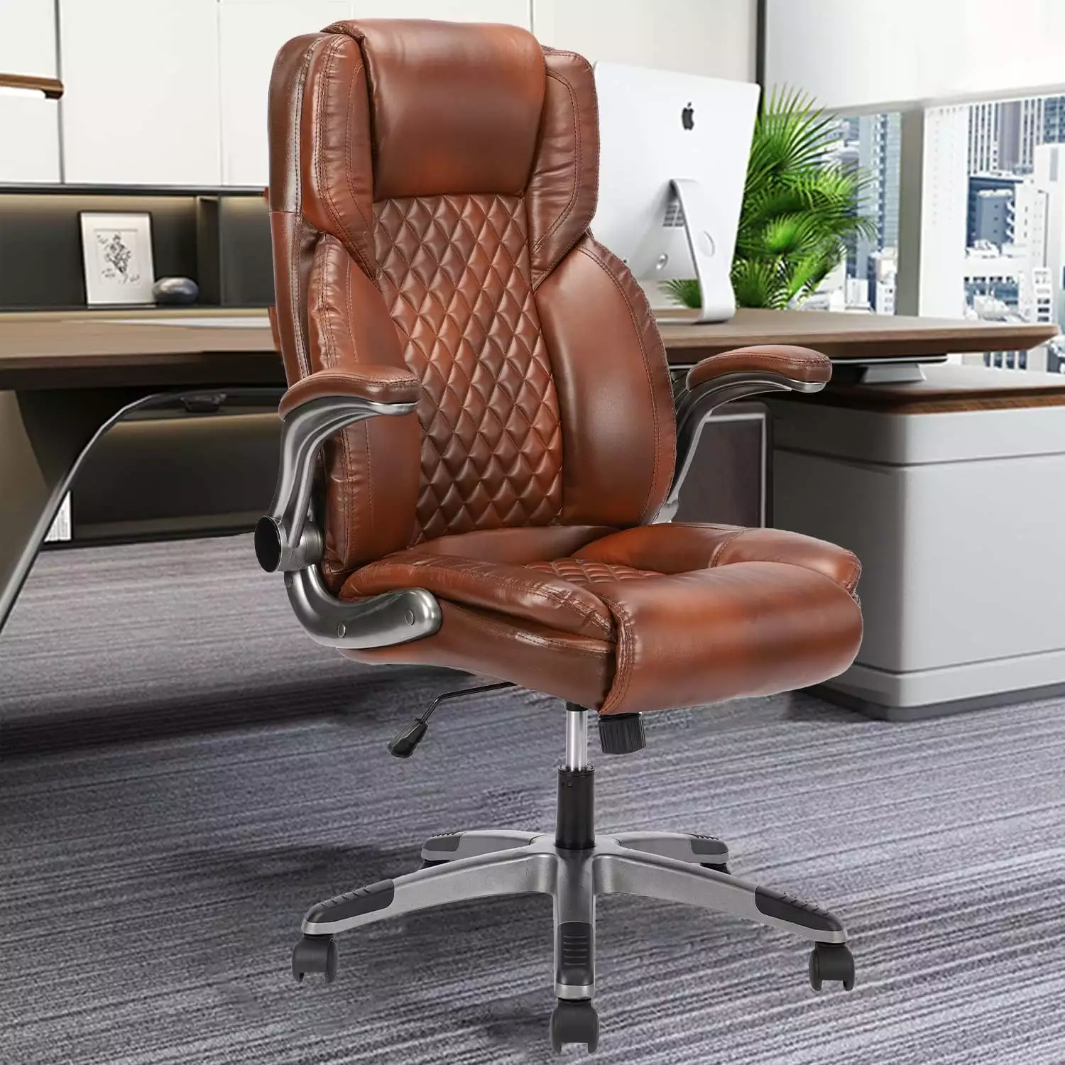 Brown Leather Office Chair Flip Up Arms Ergonomic Executive Desk Chair 90-120 Degree Rocking High Back Lumbar Support Swiv...