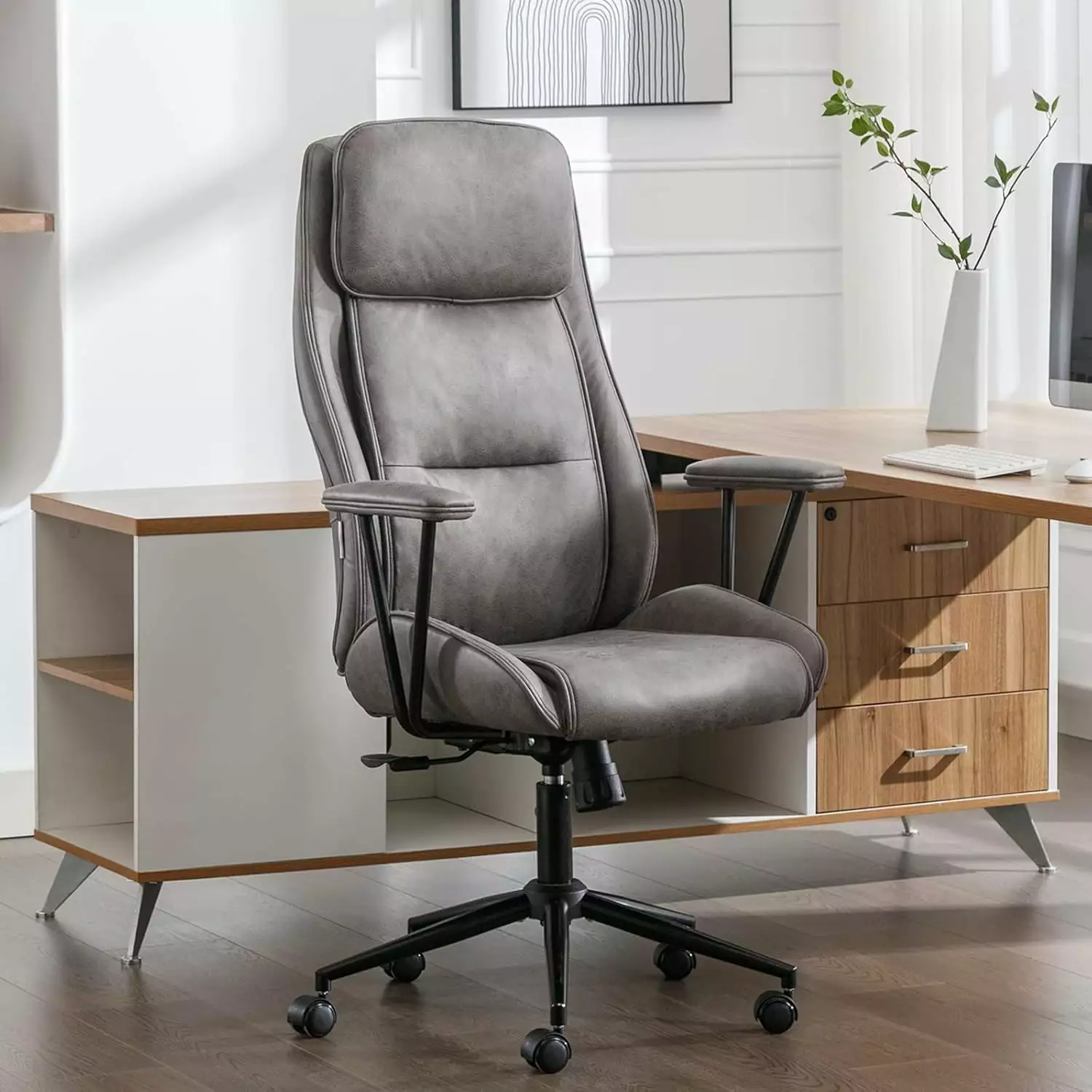 Home Office Desk Chair High Back Executive Chair Adjustable Height Mid-Century Removable Armrests Reclining Swivel Chair 3...