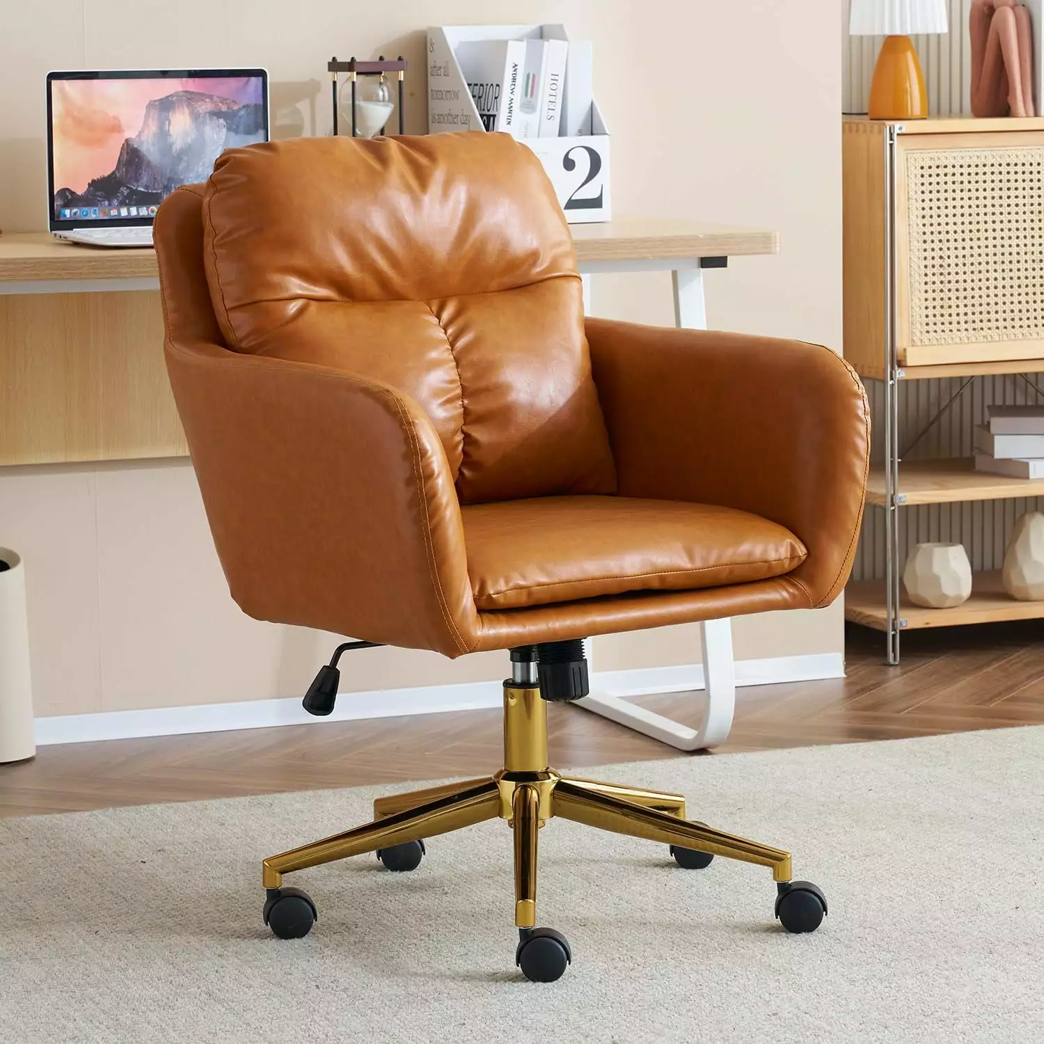 PU Leather Executive Office Chair Ergonomic Computer Desk Chair Pillow Pad Adjustable Tilt Lock Swivel Rolling Chair Camel...