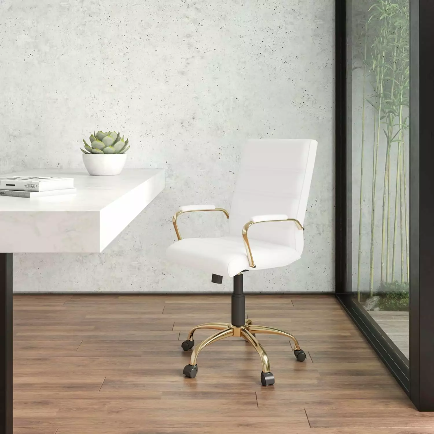 Mid-Back White LeatherSoft Executive Office Chair Gold Frame and Arms WRP