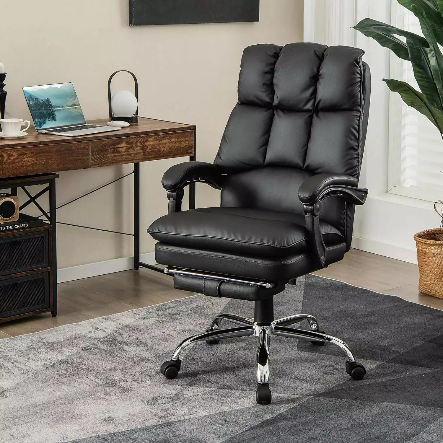 Reclining Executive Office Chair PU Leather Home Desk Chair Foot Rest Comfy Computer Task Chair Padded Armrests WRP