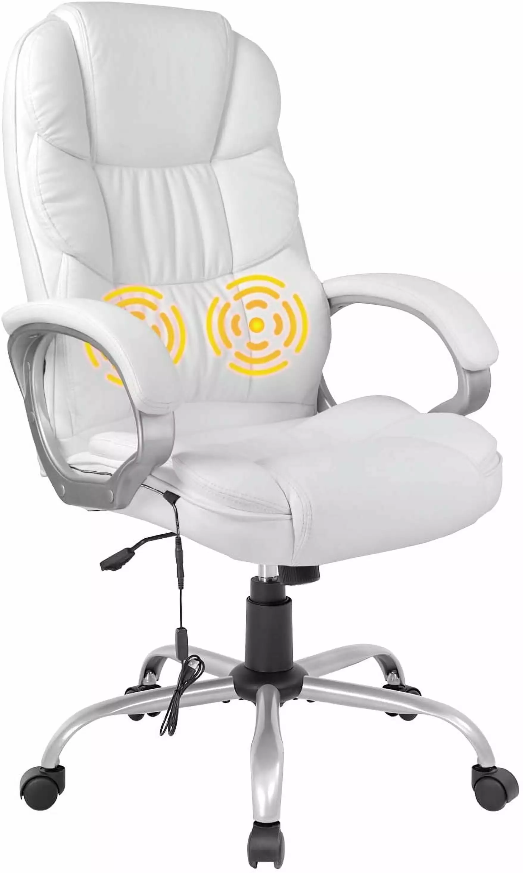White Faux Leather Ergonomic Executive Chair Lumbar Support and Massage Vibration WRP