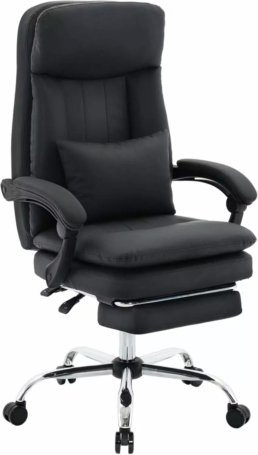 Big High Back PU Leather Executive Office Chair Footrest and Lumbar Support Ergonomic Reclining Computer Desk Chair Black WYD