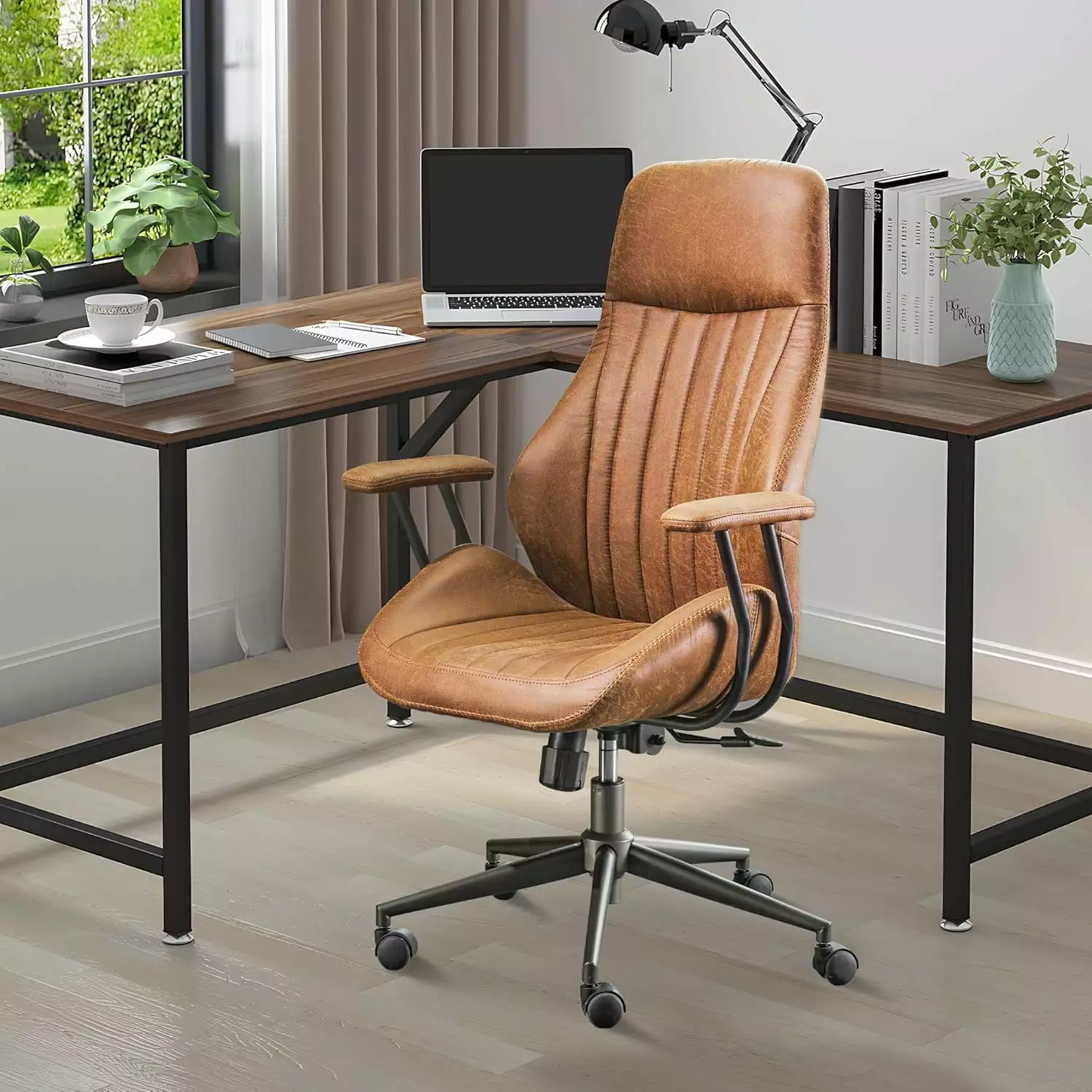 High Back Home Office Chair Lumbar Support - Mid Century Modern Ergonomic Executive Swivel Task Chair Brown WYD