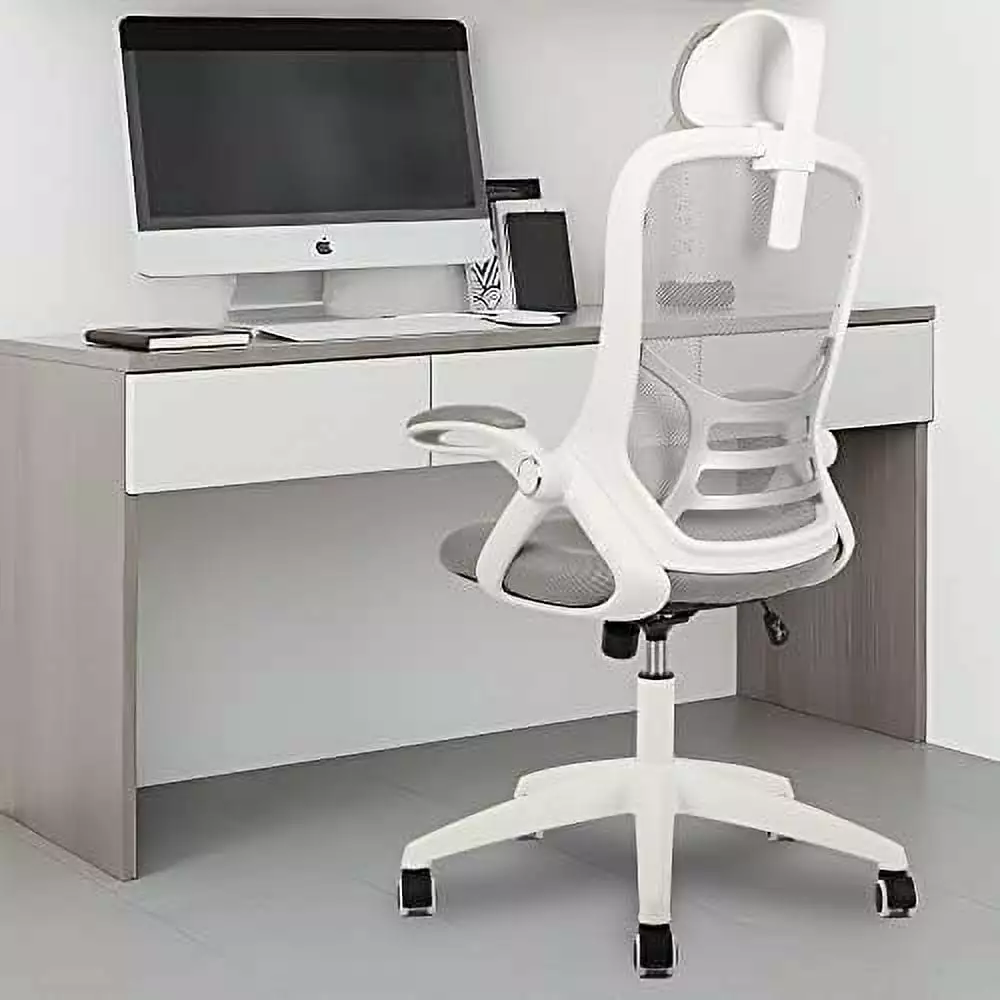 XINGAN Executive Mesh Office Chair Headrest Flip-Up Arms and Adjustable Height White