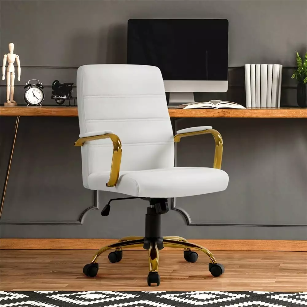 Yaheetech Mid-Back Office Chair Gold Frame PU Leather Executive Chair White