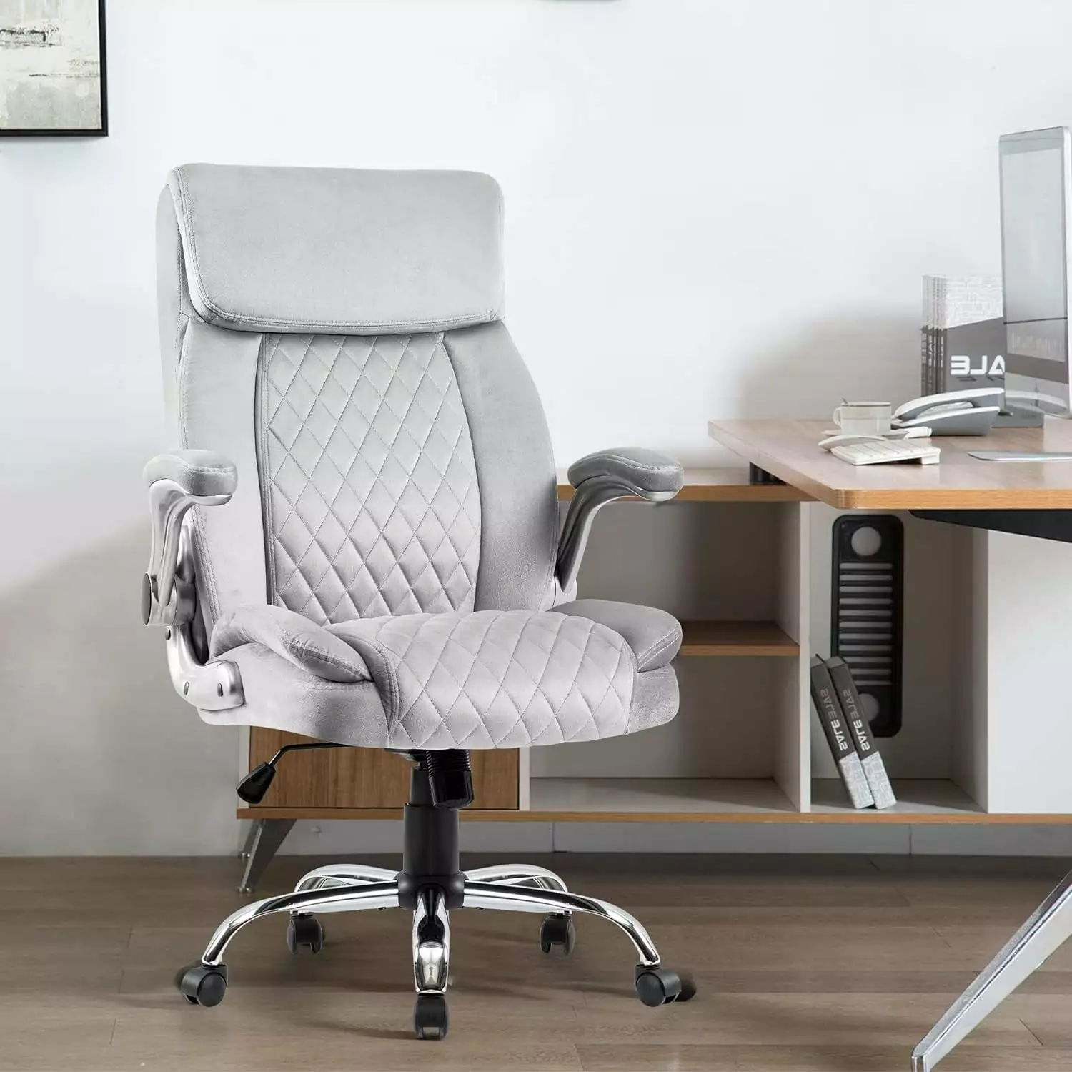 Velvet Ergonomic Office Chair Grey Adjustable Arms Wide Managerial Executive Desk Chair YUQIN