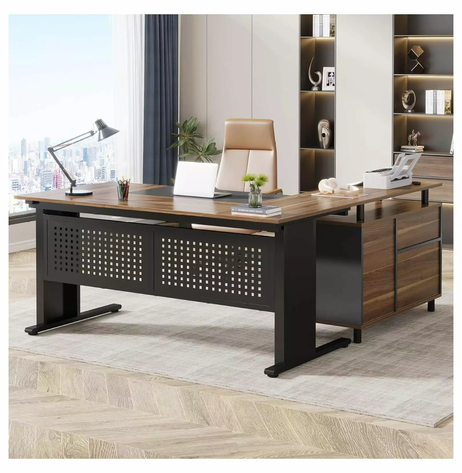 DazzAura 63 Inch Executive Desk File Cabinet Large Office Desk L Shaped Computer Desk Drawers Storage Shelves Business Fur...