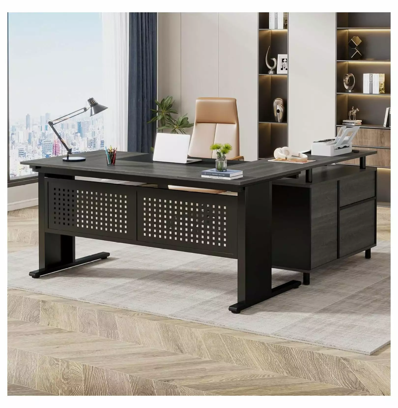 DazzAura 63 Inch Executive Desk File Cabinet Large Office Desk L Shaped Computer Desk Drawers Storage Shelves Business Fur...